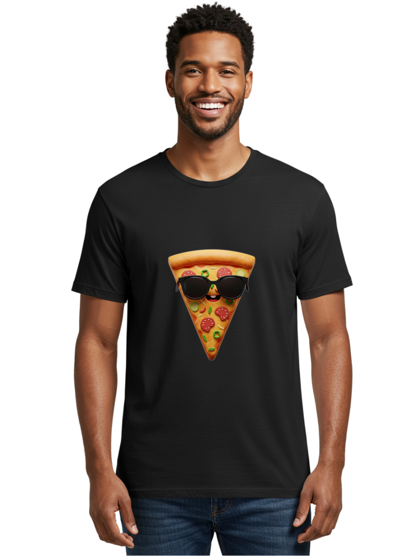Pizza-Slice-14 Men'S Graphic Tee, 100% Cotton, Comfortable Casual Summer Wear, Machine Washable, Pizza Slice, Cartoon Character, Sunglasses, Pepperoni Pizza, Green Peppers, Olives, Cartoon Food, Funny Pizza, Cheerful Snack, Tasty Treat Bac274