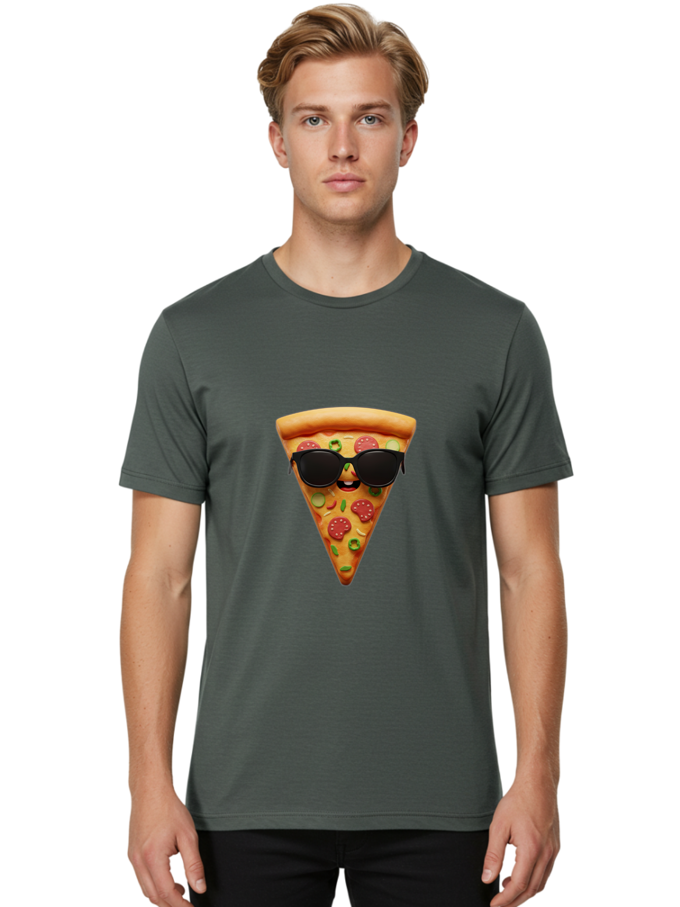 Pizza-Slice-14 Men'S Graphic Tee, 100% Cotton, Comfortable Casual Summer Wear, Machine Washable, Pizza Slice, Cartoon Character, Sunglasses, Pepperoni Pizza, Green Peppers, Olives, Cartoon Food, Funny Pizza, Cheerful Snack, Tasty Treat Bac274