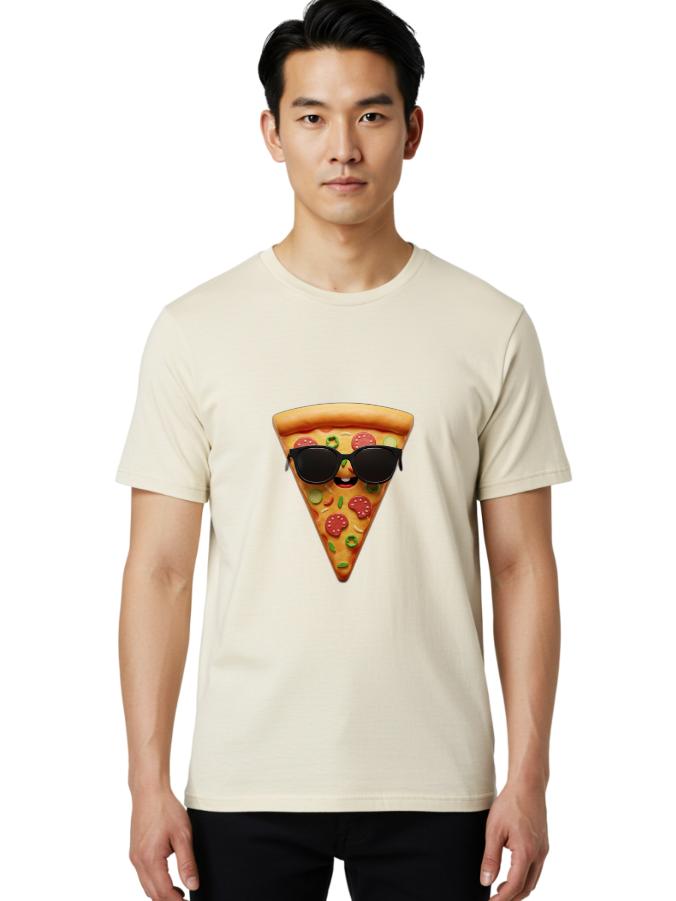 Pizza-Slice-14 Men'S Graphic Tee, 100% Cotton, Comfortable Casual Summer Wear, Machine Washable, Pizza Slice, Cartoon Character, Sunglasses, Pepperoni Pizza, Green Peppers, Olives, Cartoon Food, Funny Pizza, Cheerful Snack, Tasty Treat Bac274