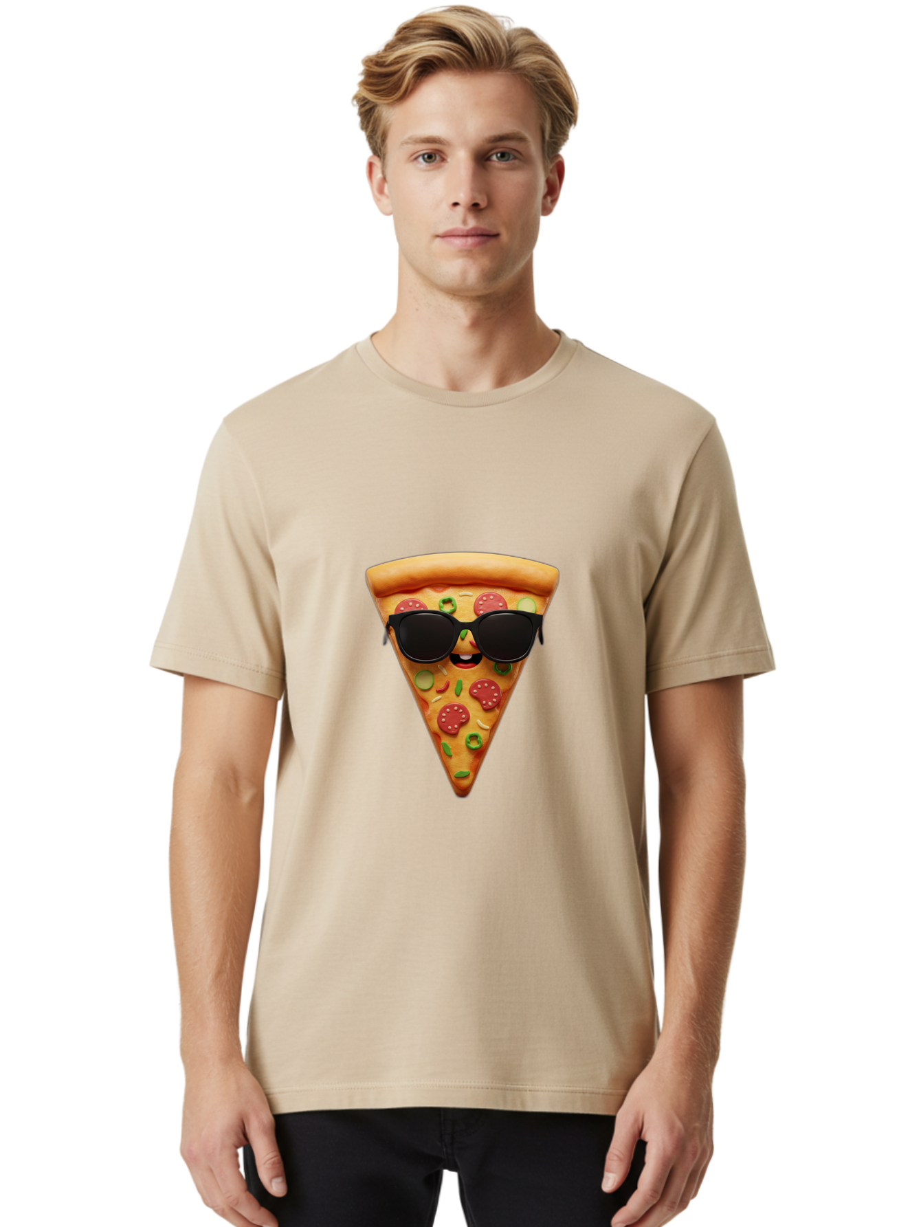 Pizza-Slice-14 Men'S Graphic Tee, 100% Cotton, Comfortable Casual Summer Wear, Machine Washable, Pizza Slice, Cartoon Character, Sunglasses, Pepperoni Pizza, Green Peppers, Olives, Cartoon Food, Funny Pizza, Cheerful Snack, Tasty Treat Bac274
