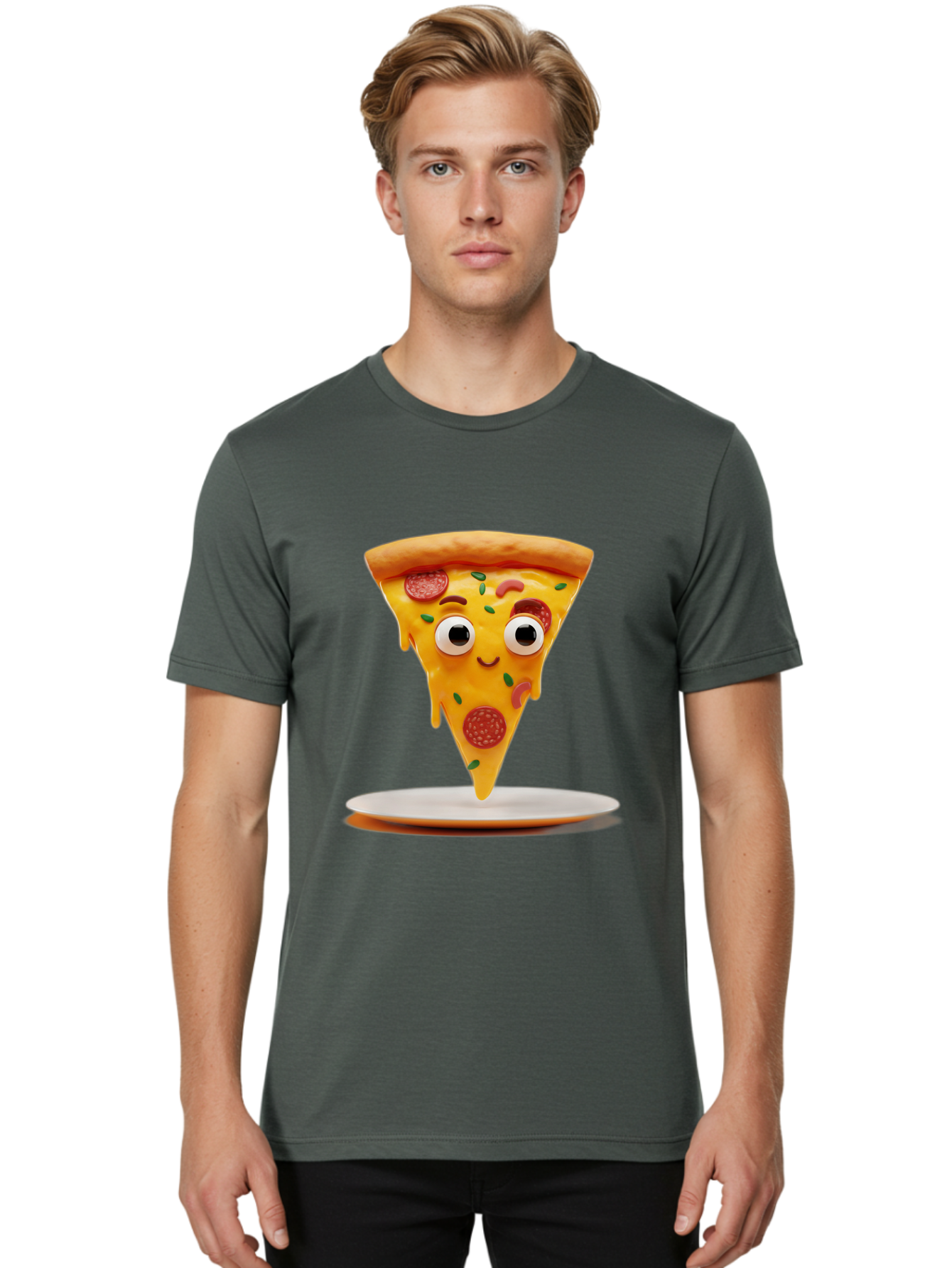 Pizza-Slice-17 Men'S Graphic Tee, 100% Cotton, Comfortable Casual Summer Wear, Machine Washable, Cartoon Pizza Slice, Melting Cheese, Pepperoni Toppings, Funny Eyes, Cute Smile, Italian Food, Delicious Meal, Foodie Humor, Comedic Relief, Bac277