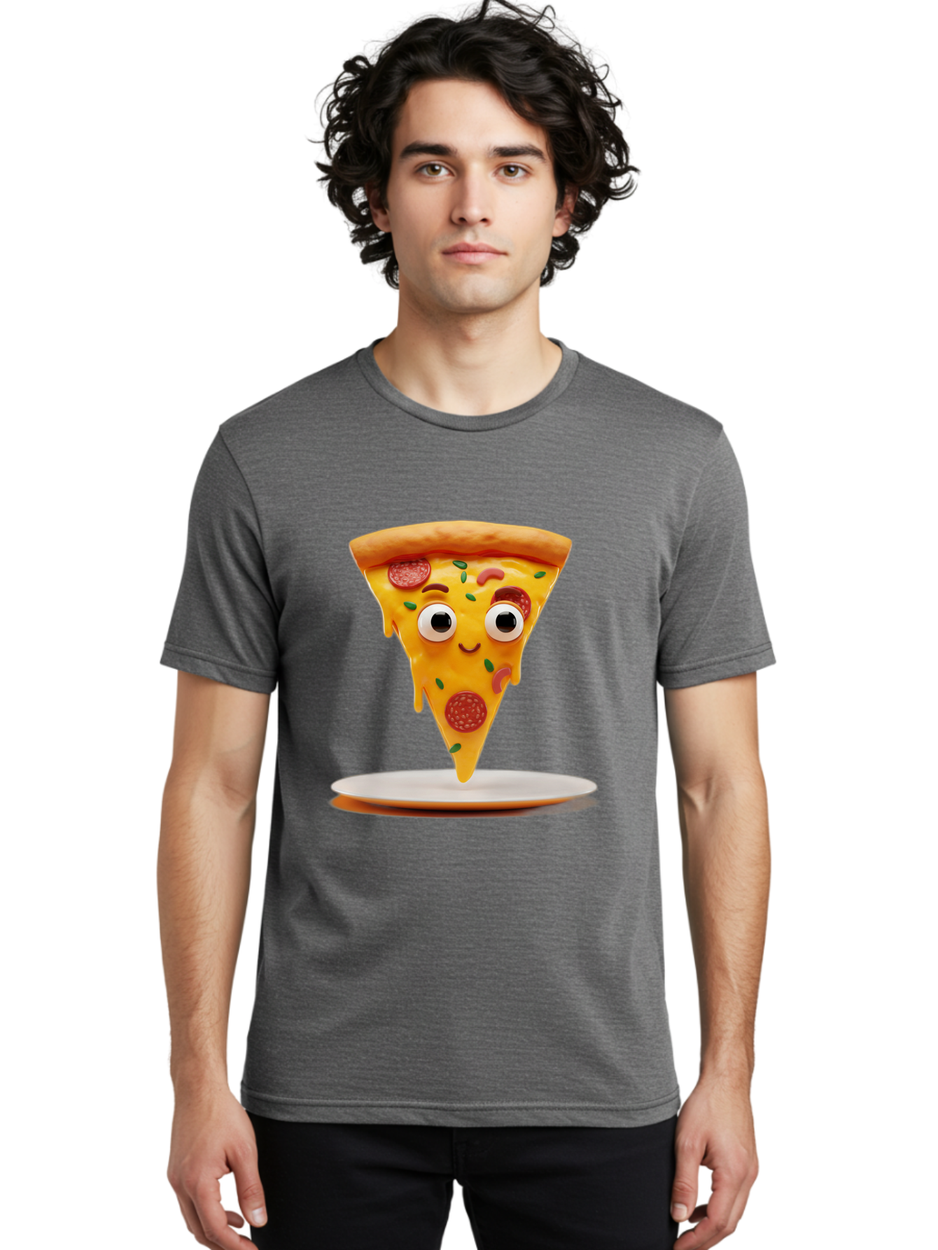 Pizza-Slice-17 Men'S Graphic Tee, 100% Cotton, Comfortable Casual Summer Wear, Machine Washable, Cartoon Pizza Slice, Melting Cheese, Pepperoni Toppings, Funny Eyes, Cute Smile, Italian Food, Delicious Meal, Foodie Humor, Comedic Relief, Bac277