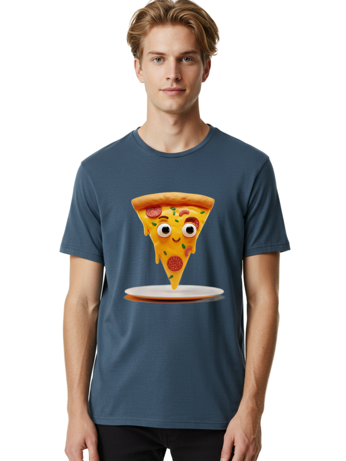Pizza-Slice-17 Men'S Graphic Tee, 100% Cotton, Comfortable Casual Summer Wear, Machine Washable, Cartoon Pizza Slice, Melting Cheese, Pepperoni Toppings, Funny Eyes, Cute Smile, Italian Food, Delicious Meal, Foodie Humor, Comedic Relief, Bac277