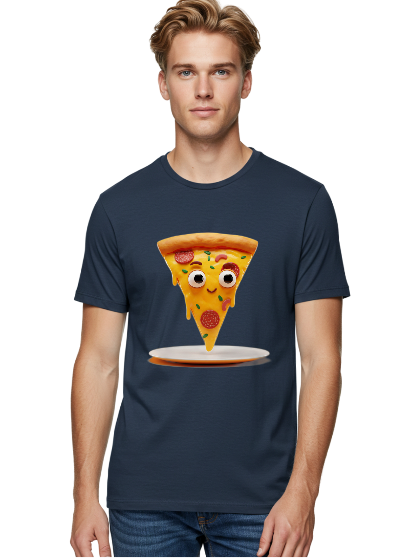Pizza-Slice-17 Men'S Graphic Tee, 100% Cotton, Comfortable Casual Summer Wear, Machine Washable, Cartoon Pizza Slice, Melting Cheese, Pepperoni Toppings, Funny Eyes, Cute Smile, Italian Food, Delicious Meal, Foodie Humor, Comedic Relief, Bac277