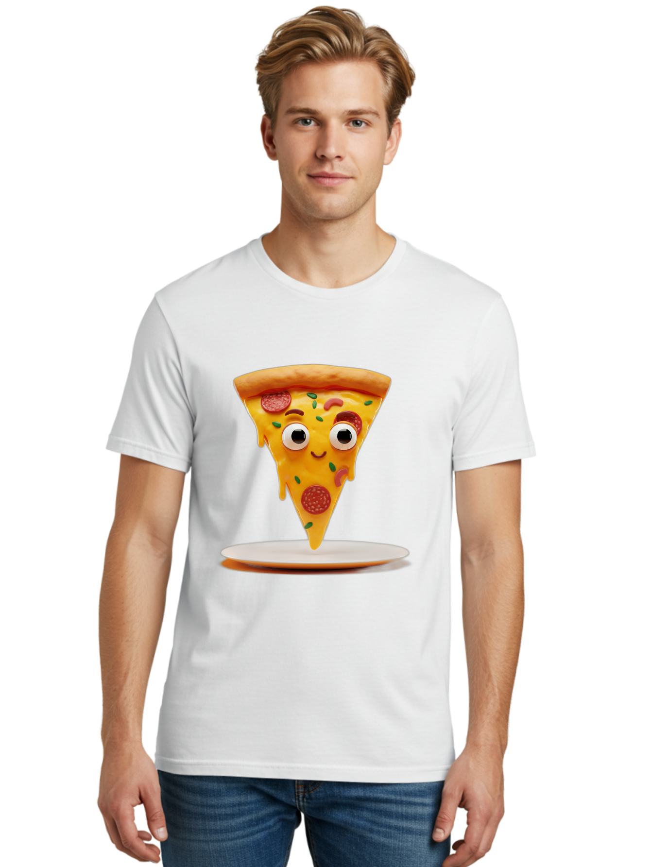 Pizza-Slice-17 Men'S Graphic Tee, 100% Cotton, Comfortable Casual Summer Wear, Machine Washable, Cartoon Pizza Slice, Melting Cheese, Pepperoni Toppings, Funny Eyes, Cute Smile, Italian Food, Delicious Meal, Foodie Humor, Comedic Relief, Bac277