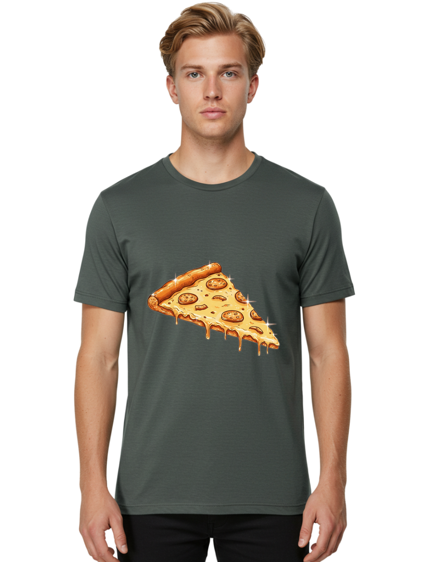 Pizza-Slice-18 Men'S Graphic Tee, 100% Cotton, Comfortable Casual Summer Wear, Machine Washable, Cheesy Pizza Slice, Pepperoni Pizza, Gooey Cheese, Delicious Food, Pizza Toppings, Tasty Treat, Italian Cuisine, Melty Cheese, Savory Delight Bac278