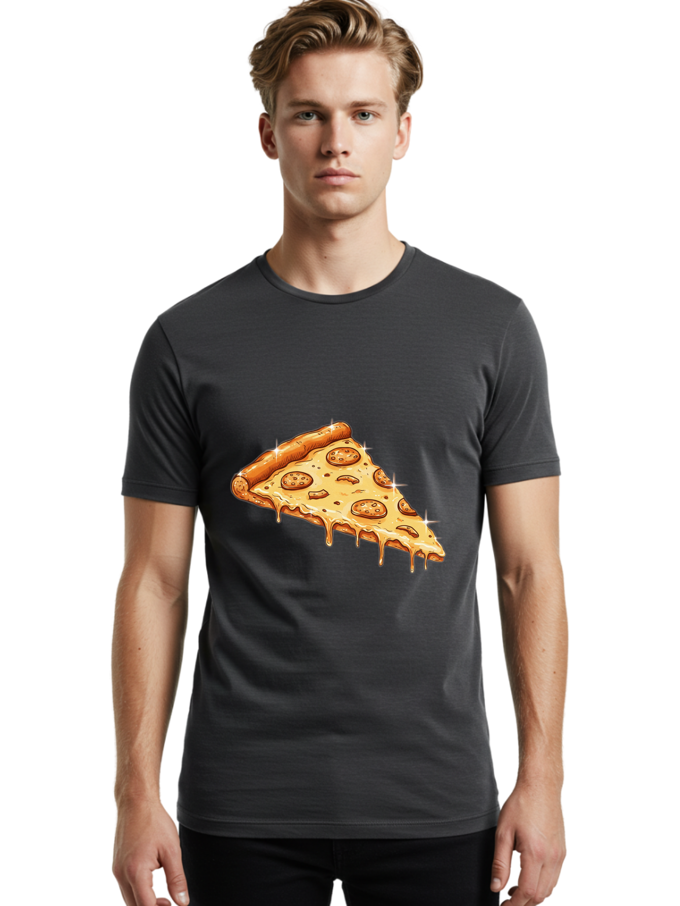 Pizza-Slice-18 Men'S Graphic Tee, 100% Cotton, Comfortable Casual Summer Wear, Machine Washable, Cheesy Pizza Slice, Pepperoni Pizza, Gooey Cheese, Delicious Food, Pizza Toppings, Tasty Treat, Italian Cuisine, Melty Cheese, Savory Delight Bac278
