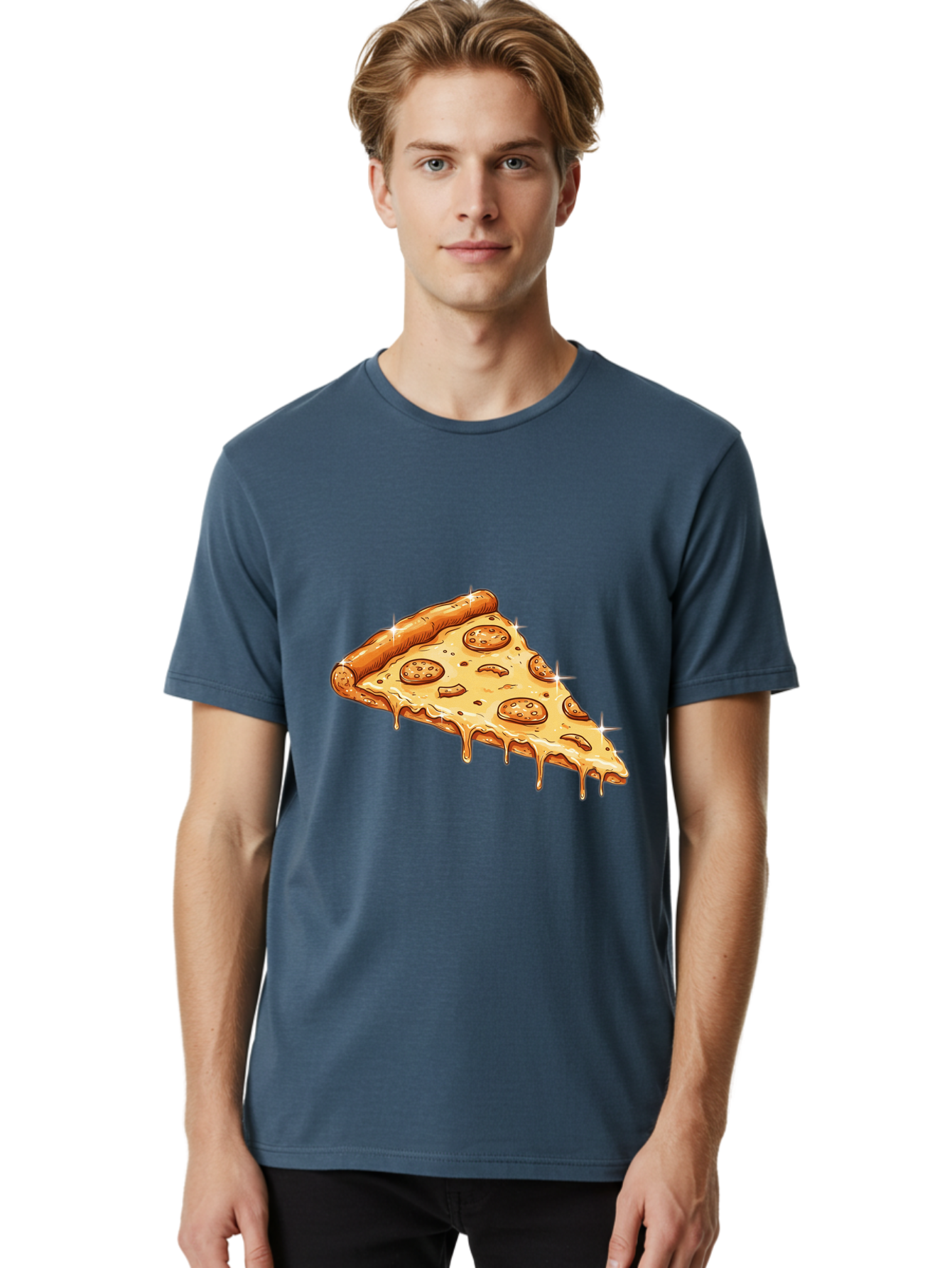 Pizza-Slice-18 Men'S Graphic Tee, 100% Cotton, Comfortable Casual Summer Wear, Machine Washable, Cheesy Pizza Slice, Pepperoni Pizza, Gooey Cheese, Delicious Food, Pizza Toppings, Tasty Treat, Italian Cuisine, Melty Cheese, Savory Delight Bac278