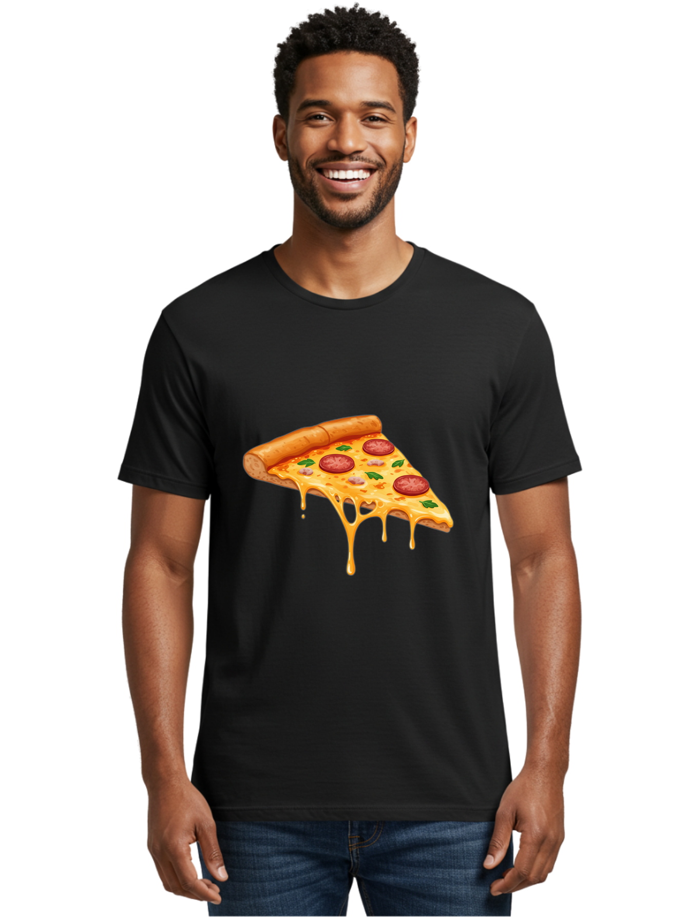 Pizza-Slice-19 Men'S Graphic Tee, 100% Cotton, Comfortable Casual Summer Wear, Machine Washable, Pepperoni Pizza Slice, Melted Cheese, Gooey Cheese, Pepperoni, Basil, Italian Food, Pizza Lover, Cheesy Goodness, Savory Delight, Foodie, Bac279
