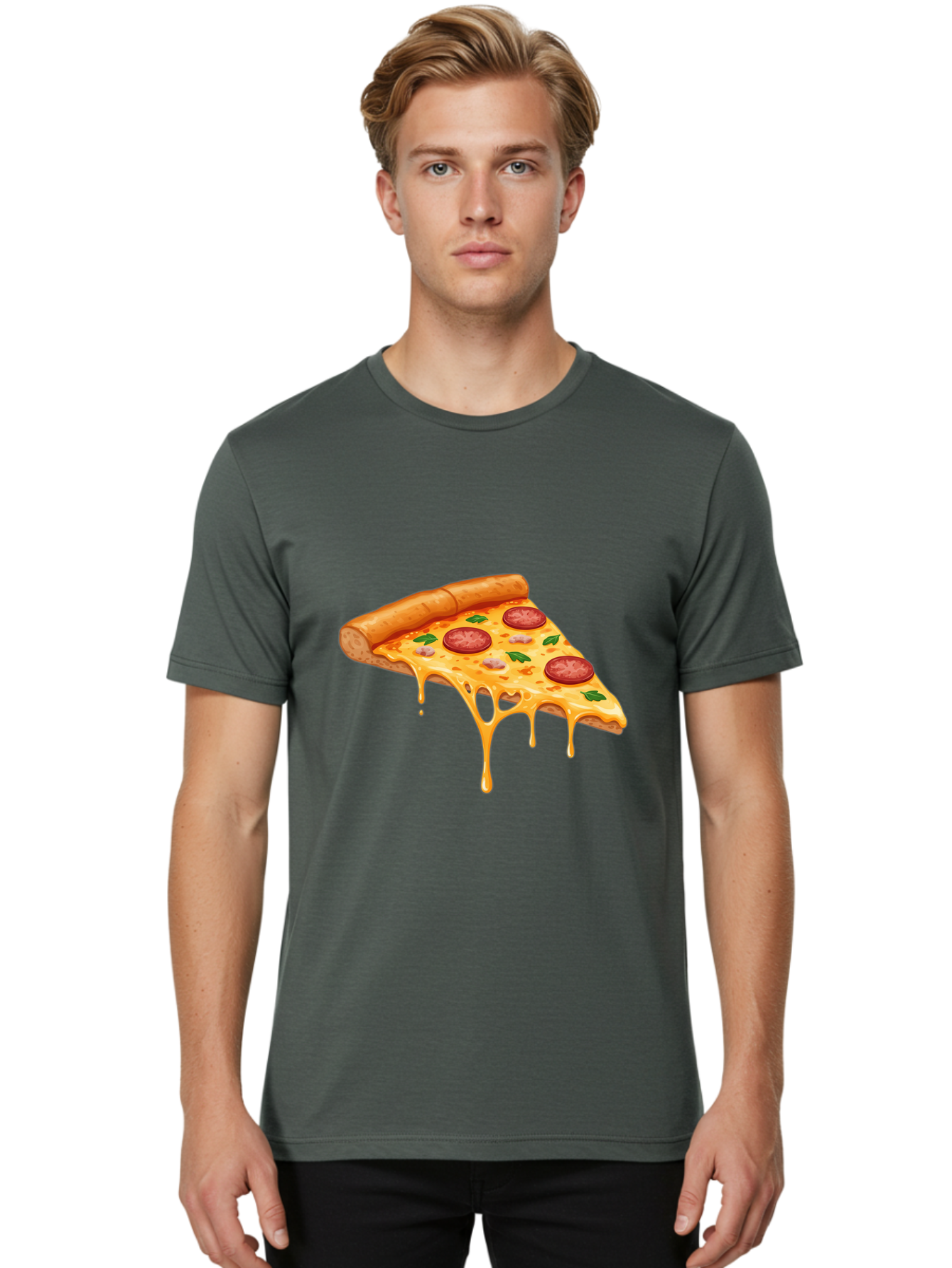 Pizza-Slice-19 Men'S Graphic Tee, 100% Cotton, Comfortable Casual Summer Wear, Machine Washable, Pepperoni Pizza Slice, Melted Cheese, Gooey Cheese, Pepperoni, Basil, Italian Food, Pizza Lover, Cheesy Goodness, Savory Delight, Foodie, Bac279