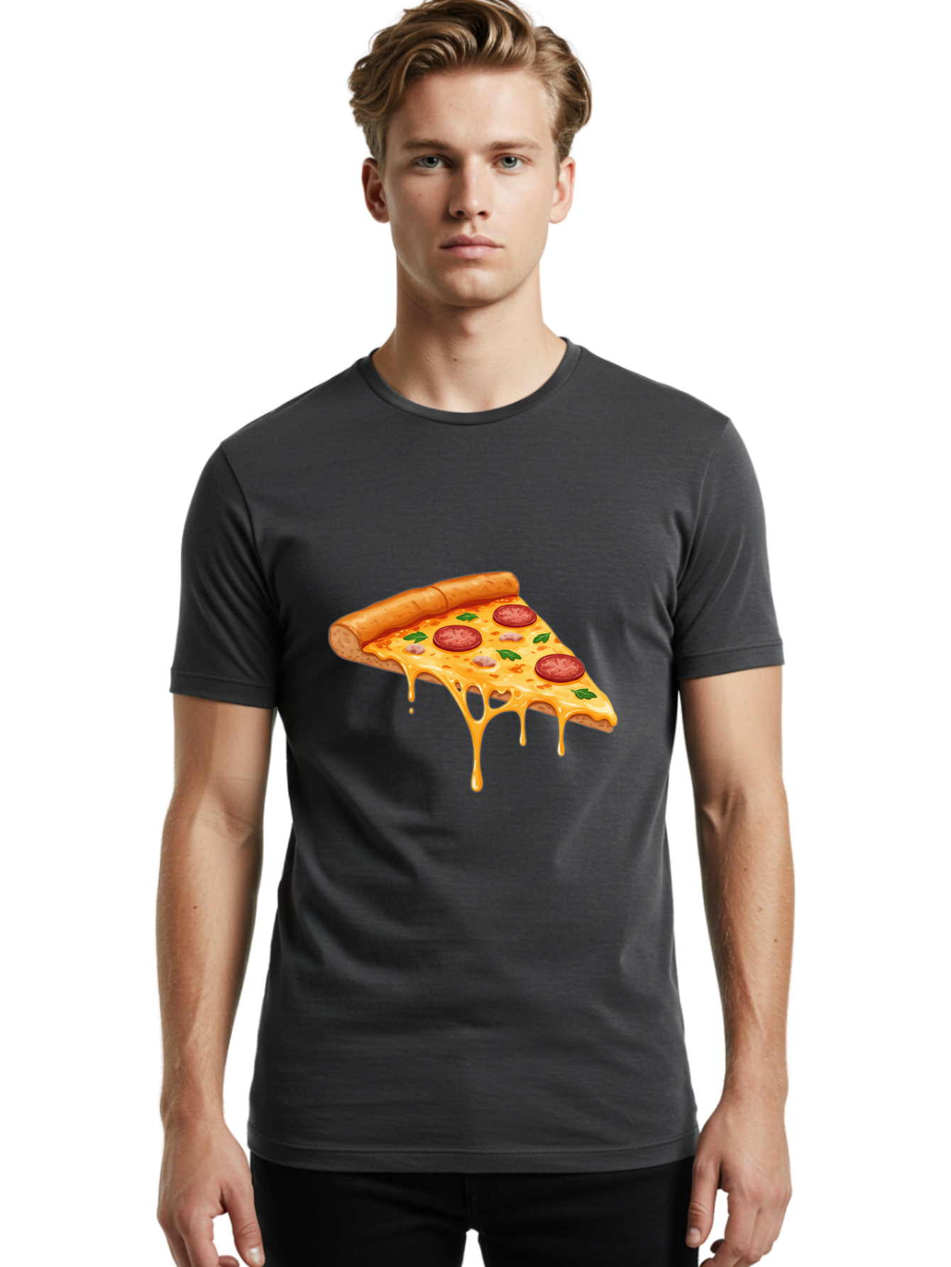 Pizza-Slice-19 Men'S Graphic Tee, 100% Cotton, Comfortable Casual Summer Wear, Machine Washable, Pepperoni Pizza Slice, Melted Cheese, Gooey Cheese, Pepperoni, Basil, Italian Food, Pizza Lover, Cheesy Goodness, Savory Delight, Foodie, Bac279