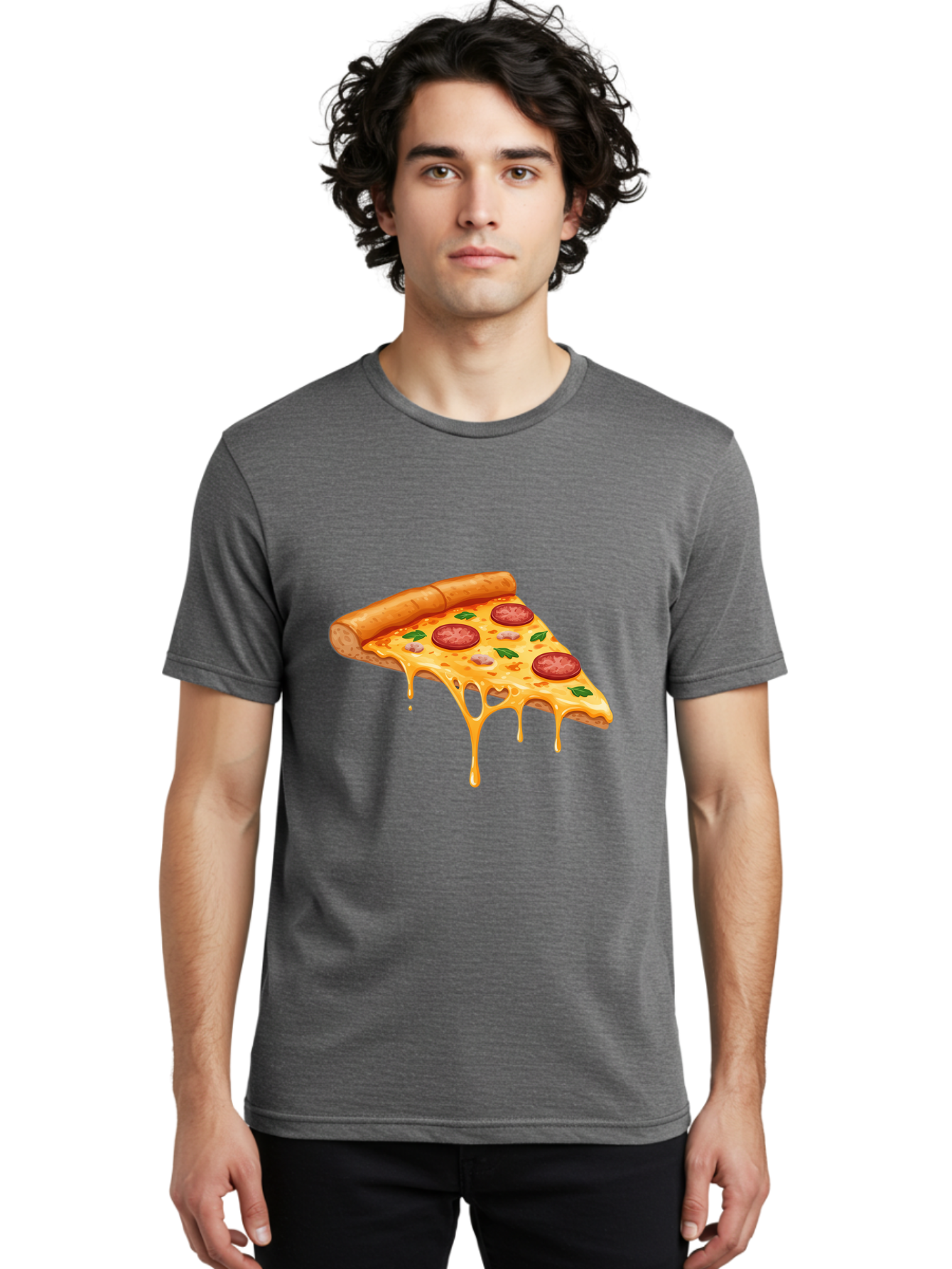 Pizza-Slice-19 Men'S Graphic Tee, 100% Cotton, Comfortable Casual Summer Wear, Machine Washable, Pepperoni Pizza Slice, Melted Cheese, Gooey Cheese, Pepperoni, Basil, Italian Food, Pizza Lover, Cheesy Goodness, Savory Delight, Foodie, Bac279