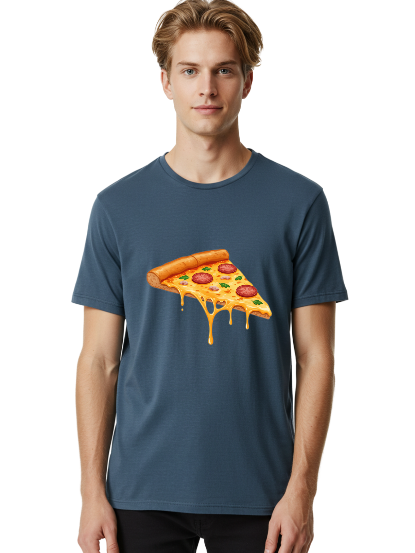 Pizza-Slice-19 Men'S Graphic Tee, 100% Cotton, Comfortable Casual Summer Wear, Machine Washable, Pepperoni Pizza Slice, Melted Cheese, Gooey Cheese, Pepperoni, Basil, Italian Food, Pizza Lover, Cheesy Goodness, Savory Delight, Foodie, Bac279