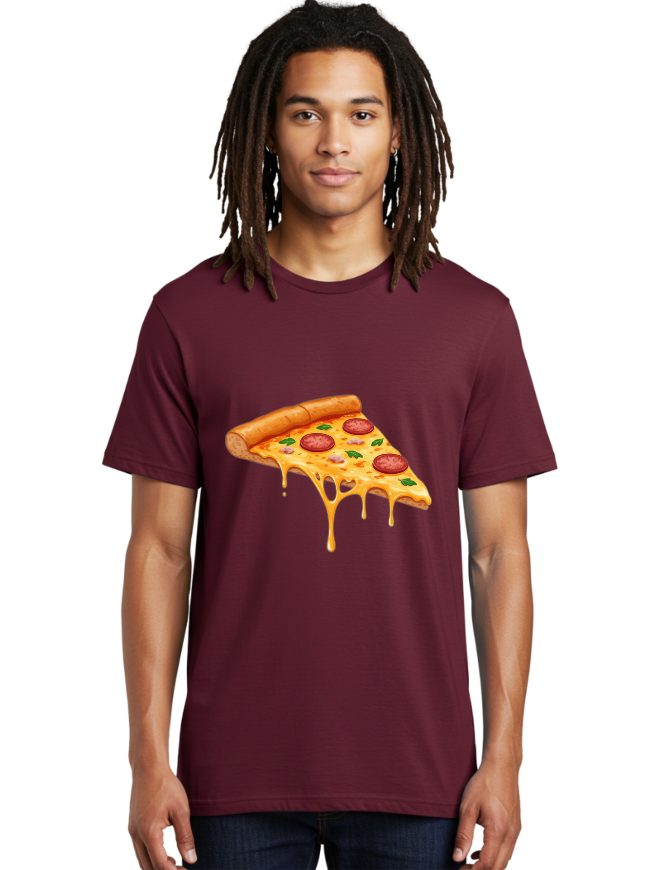 Pizza-Slice-19 Men'S Graphic Tee, 100% Cotton, Comfortable Casual Summer Wear, Machine Washable, Pepperoni Pizza Slice, Melted Cheese, Gooey Cheese, Pepperoni, Basil, Italian Food, Pizza Lover, Cheesy Goodness, Savory Delight, Foodie, Bac279