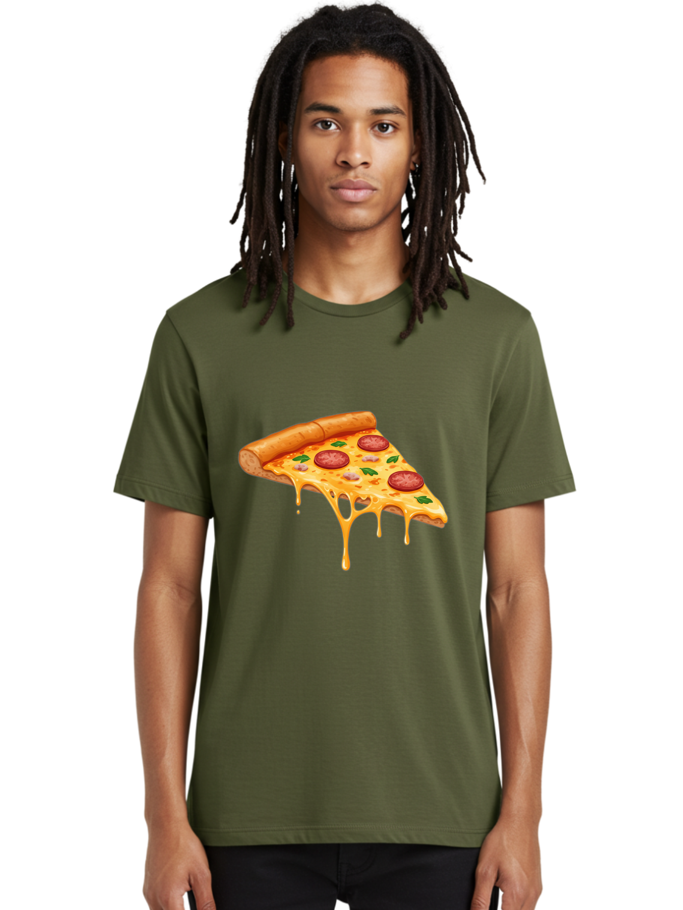 Pizza-Slice-19 Men'S Graphic Tee, 100% Cotton, Comfortable Casual Summer Wear, Machine Washable, Pepperoni Pizza Slice, Melted Cheese, Gooey Cheese, Pepperoni, Basil, Italian Food, Pizza Lover, Cheesy Goodness, Savory Delight, Foodie, Bac279