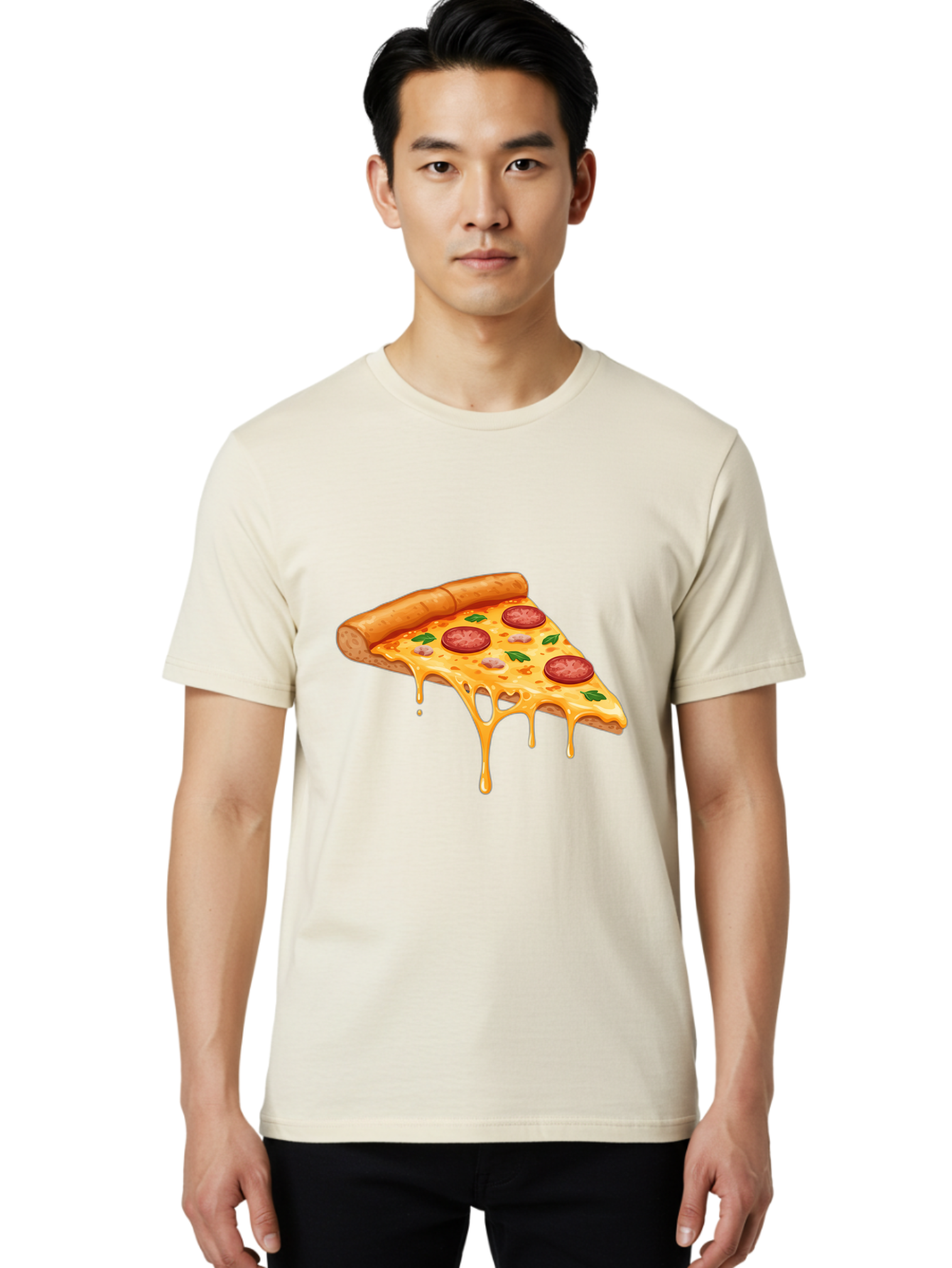 Pizza-Slice-19 Men'S Graphic Tee, 100% Cotton, Comfortable Casual Summer Wear, Machine Washable, Pepperoni Pizza Slice, Melted Cheese, Gooey Cheese, Pepperoni, Basil, Italian Food, Pizza Lover, Cheesy Goodness, Savory Delight, Foodie, Bac279