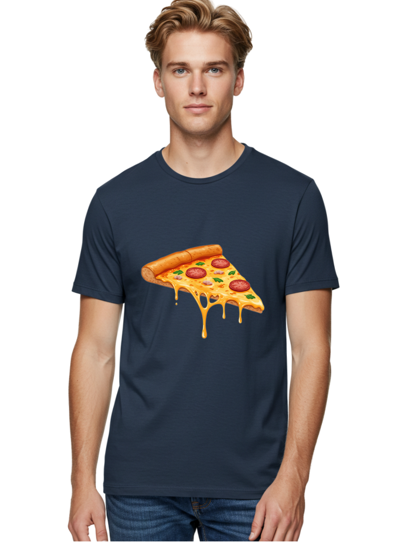 Pizza-Slice-19 Men'S Graphic Tee, 100% Cotton, Comfortable Casual Summer Wear, Machine Washable, Pepperoni Pizza Slice, Melted Cheese, Gooey Cheese, Pepperoni, Basil, Italian Food, Pizza Lover, Cheesy Goodness, Savory Delight, Foodie, Bac279