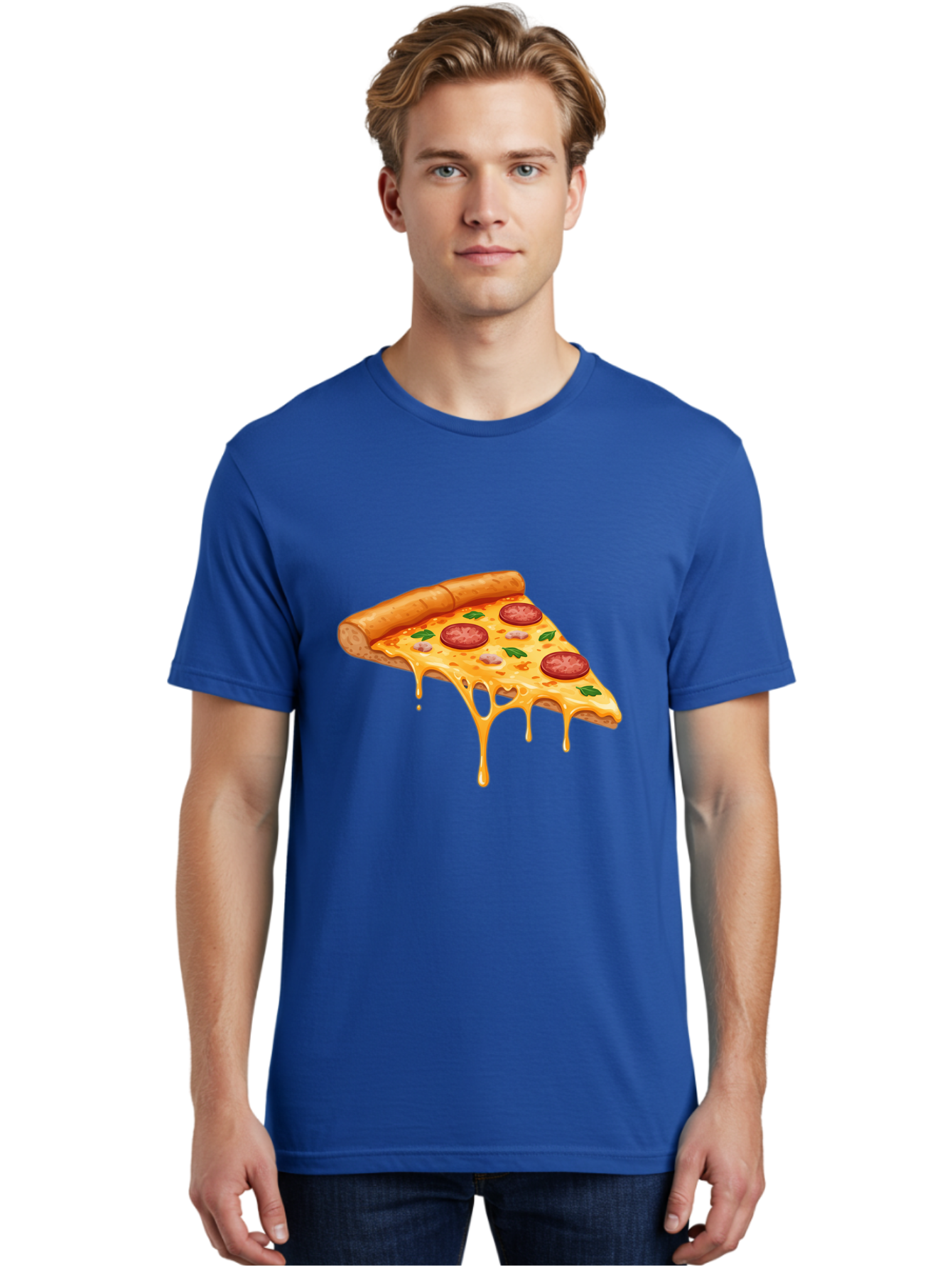 Pizza-Slice-19 Men'S Graphic Tee, 100% Cotton, Comfortable Casual Summer Wear, Machine Washable, Pepperoni Pizza Slice, Melted Cheese, Gooey Cheese, Pepperoni, Basil, Italian Food, Pizza Lover, Cheesy Goodness, Savory Delight, Foodie, Bac279