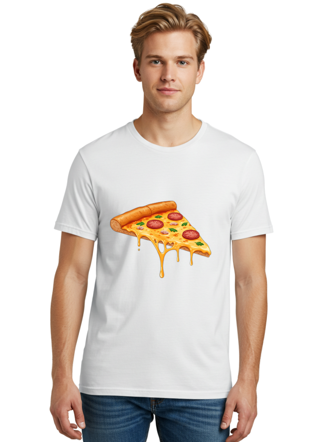 Pizza-Slice-19 Men'S Graphic Tee, 100% Cotton, Comfortable Casual Summer Wear, Machine Washable, Pepperoni Pizza Slice, Melted Cheese, Gooey Cheese, Pepperoni, Basil, Italian Food, Pizza Lover, Cheesy Goodness, Savory Delight, Foodie, Bac279