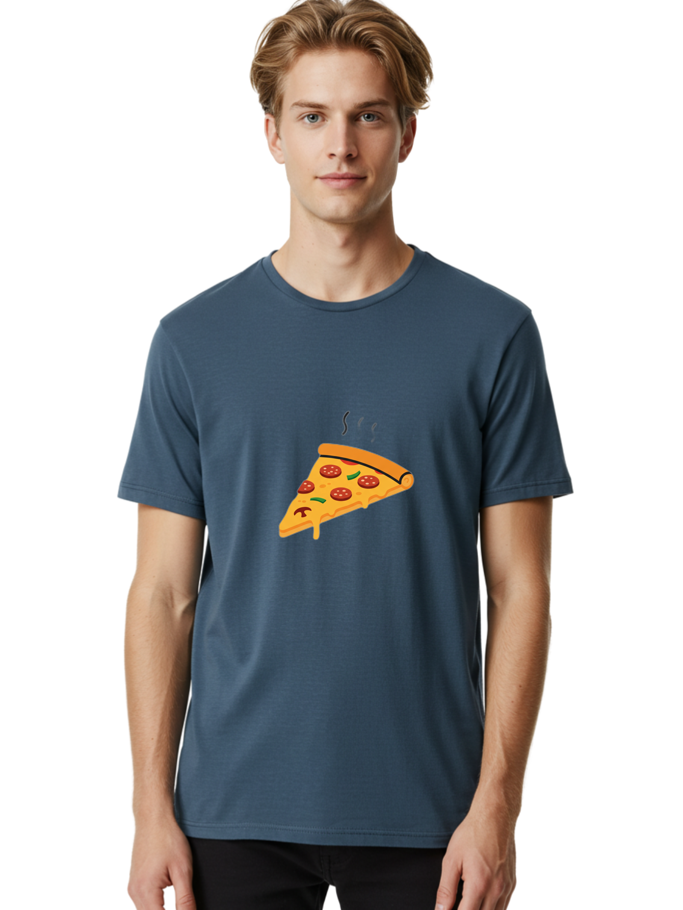 Pizza-Slice-21 Men'S Graphic Tee, 100% Cotton, Comfortable Casual Summer Wear, Machine Washable, Pepperoni Pizza Slice, Melted Cheese, Green Peppers, Hot Food, Cartoon Style, Savory Delight, Freshly Baked Pizza, Tasty Treat, Gooey Strings Bac282