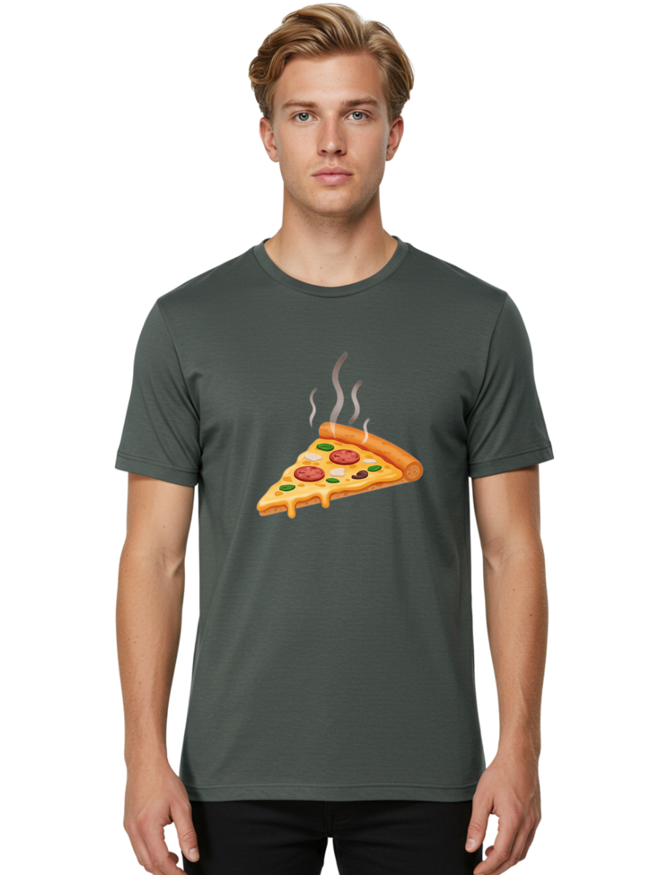 Pizza-Slice-25 Men'S Graphic Tee, 100% Cotton, Comfortable Casual Summer Wear, Machine Washable, Hot Pizza Slice, Melted Cheese, Pepperoni, Green Peppers, Olives, Italian Cuisine, Delicious Food, Savory Toppings, Foodie, Pizza Lovers Bac286