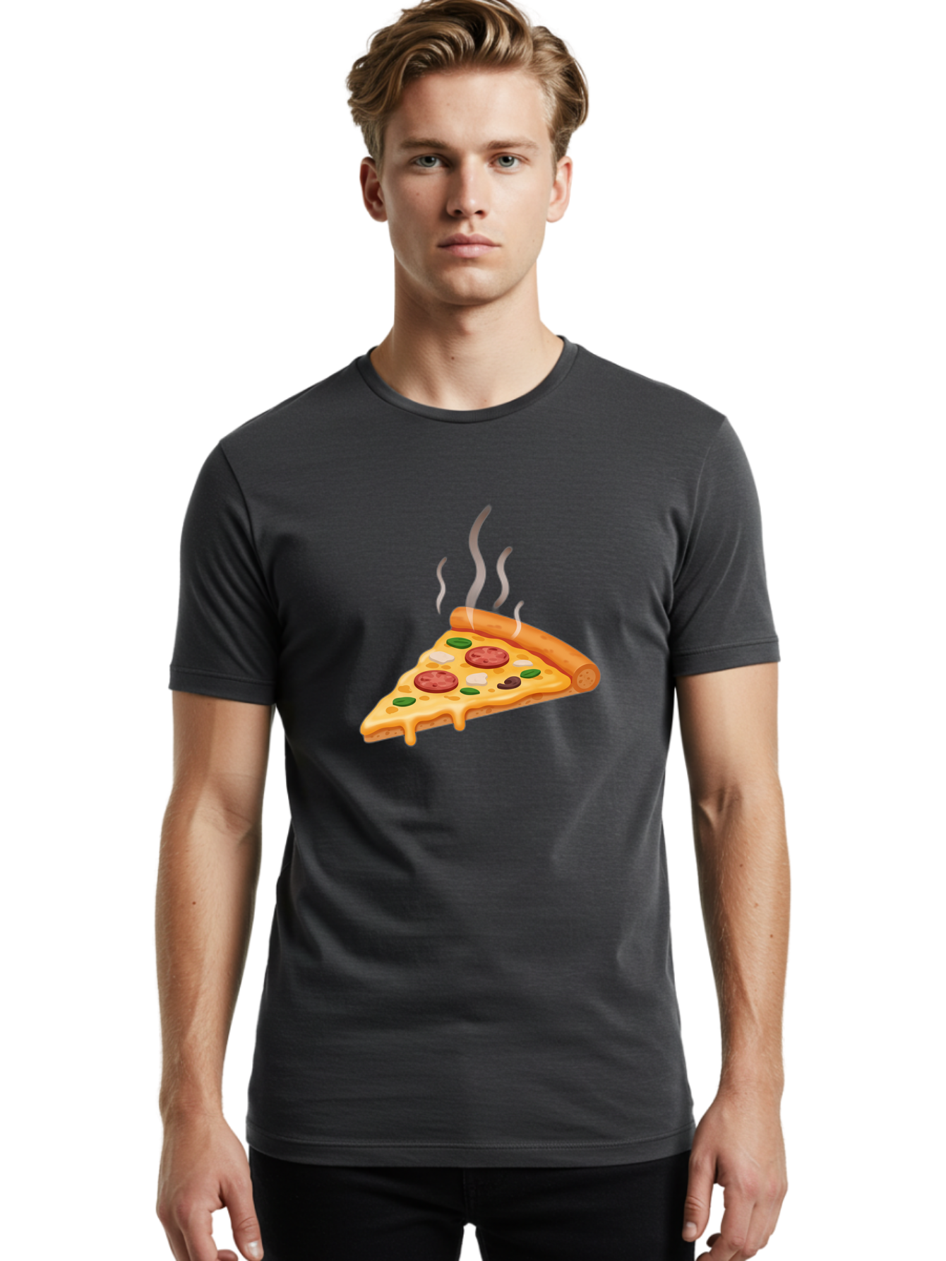 Pizza-Slice-25 Men'S Graphic Tee, 100% Cotton, Comfortable Casual Summer Wear, Machine Washable, Hot Pizza Slice, Melted Cheese, Pepperoni, Green Peppers, Olives, Italian Cuisine, Delicious Food, Savory Toppings, Foodie, Pizza Lovers Bac286