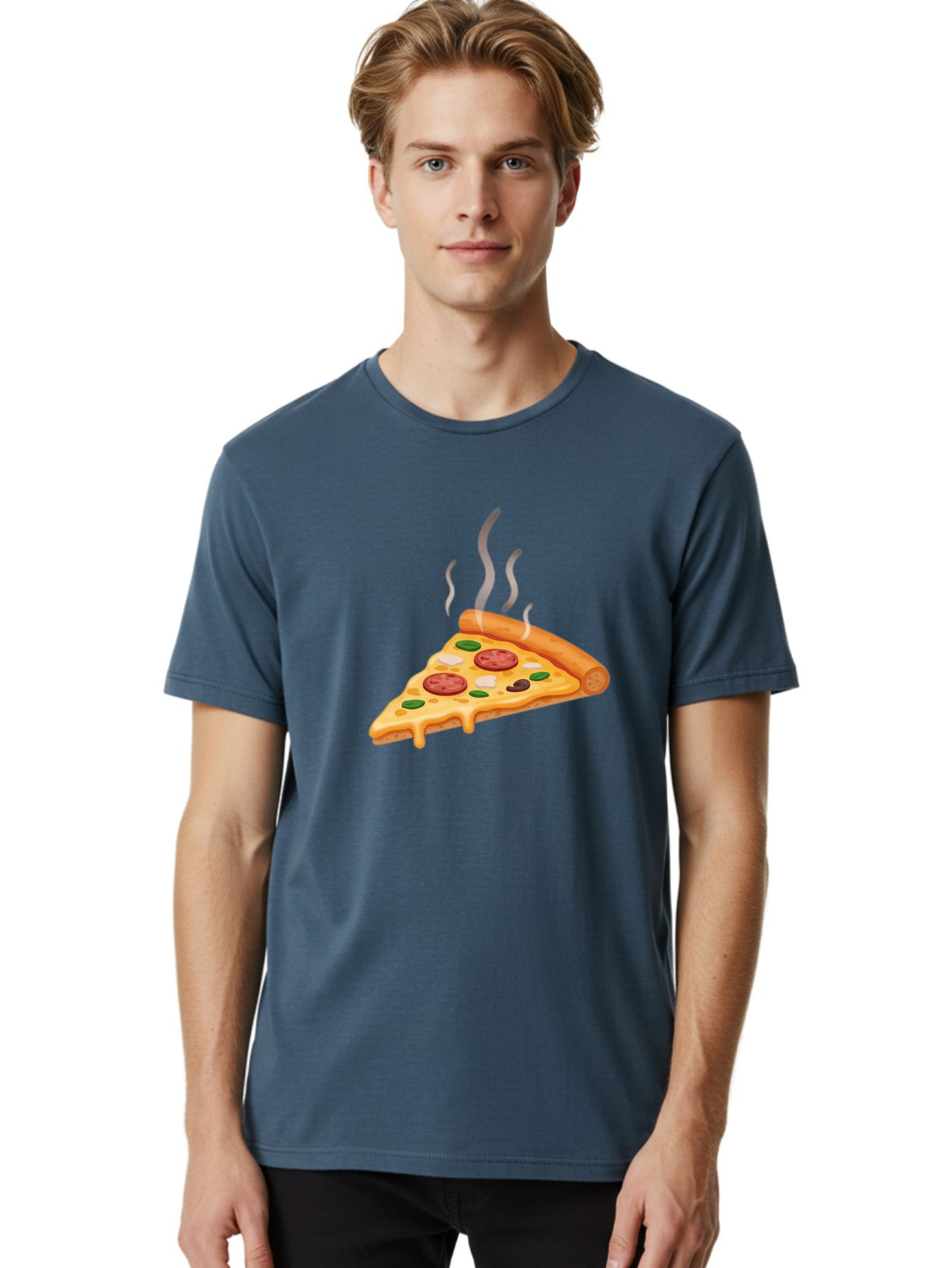 Pizza-Slice-25 Men'S Graphic Tee, 100% Cotton, Comfortable Casual Summer Wear, Machine Washable, Hot Pizza Slice, Melted Cheese, Pepperoni, Green Peppers, Olives, Italian Cuisine, Delicious Food, Savory Toppings, Foodie, Pizza Lovers Bac286