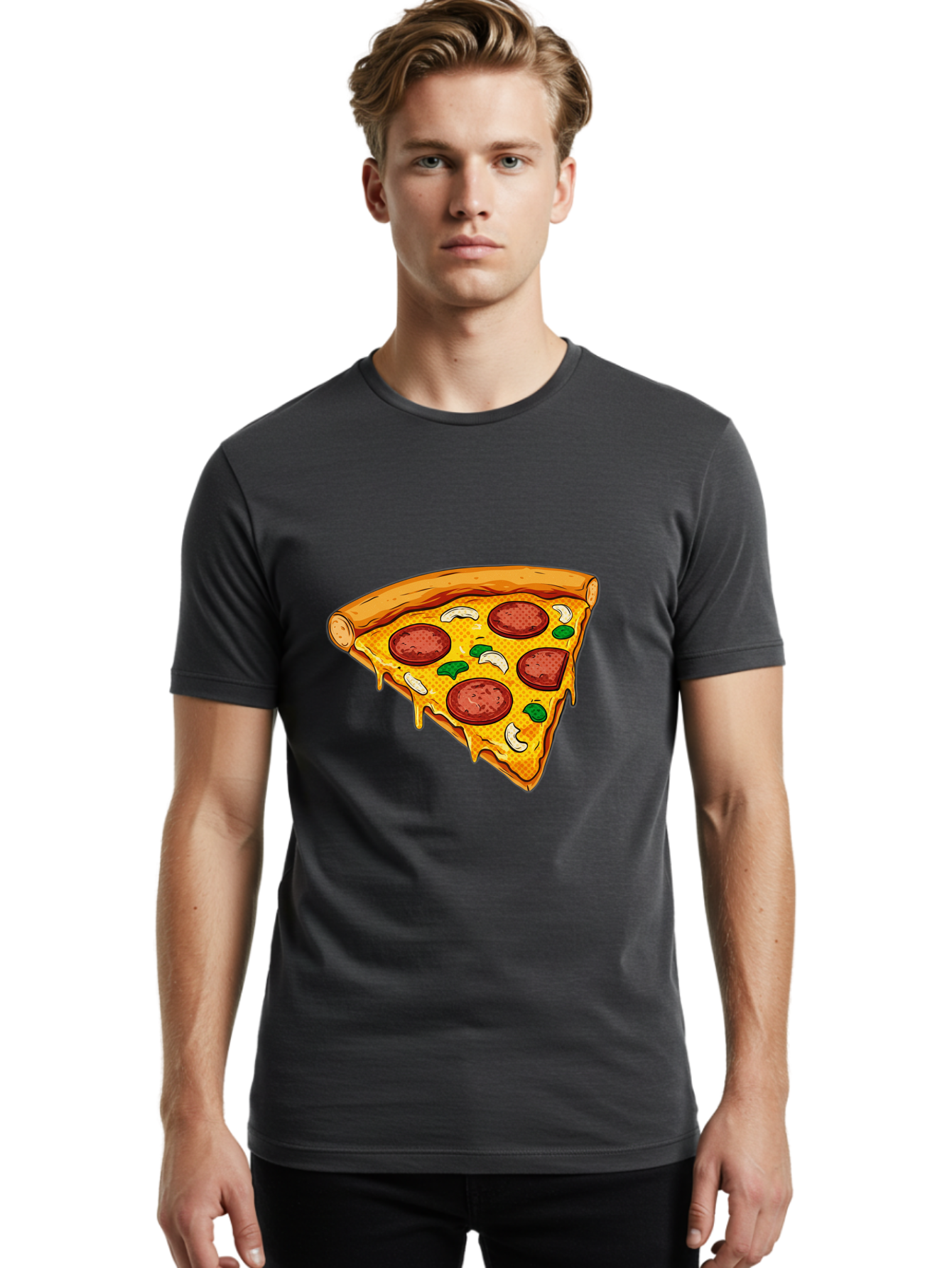 Pizza-Slice-28 Men'S Graphic Tee, 100% Cotton, Comfortable Casual Summer Wear, Machine Washable, Pepperoni Pizza, Melted Cheese, Green Peppers, Cashew Nuts, Italian Food, Cartoon Style, Food Illustration, Tasty Pizza, Savory Toppings, Bac289