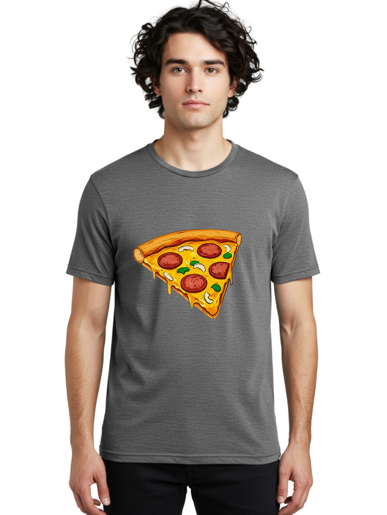 Pizza-Slice-28 Men'S Graphic Tee, 100% Cotton, Comfortable Casual Summer Wear, Machine Washable, Pepperoni Pizza, Melted Cheese, Green Peppers, Cashew Nuts, Italian Food, Cartoon Style, Food Illustration, Tasty Pizza, Savory Toppings, Bac289