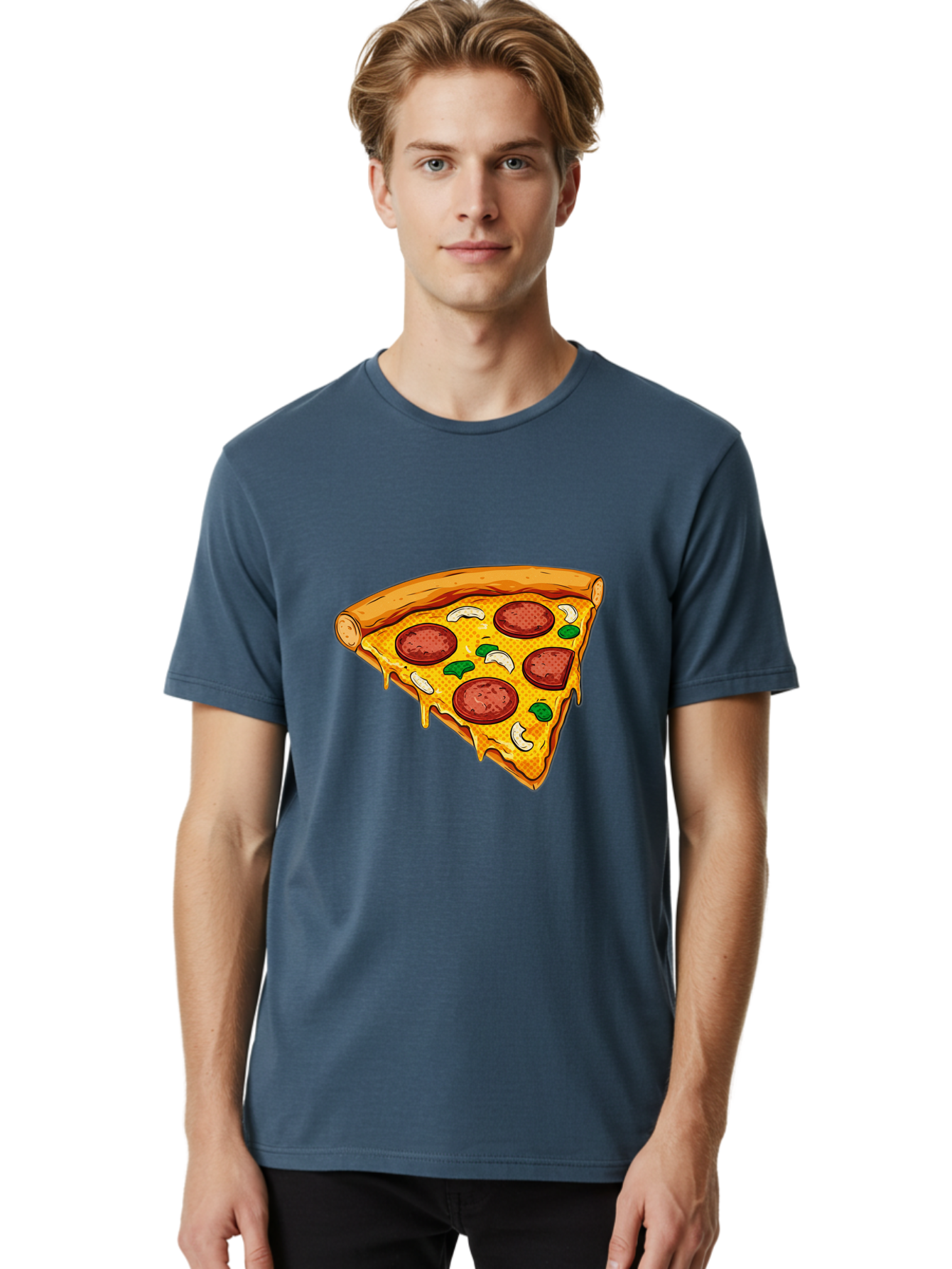 Pizza-Slice-28 Men'S Graphic Tee, 100% Cotton, Comfortable Casual Summer Wear, Machine Washable, Pepperoni Pizza, Melted Cheese, Green Peppers, Cashew Nuts, Italian Food, Cartoon Style, Food Illustration, Tasty Pizza, Savory Toppings, Bac289