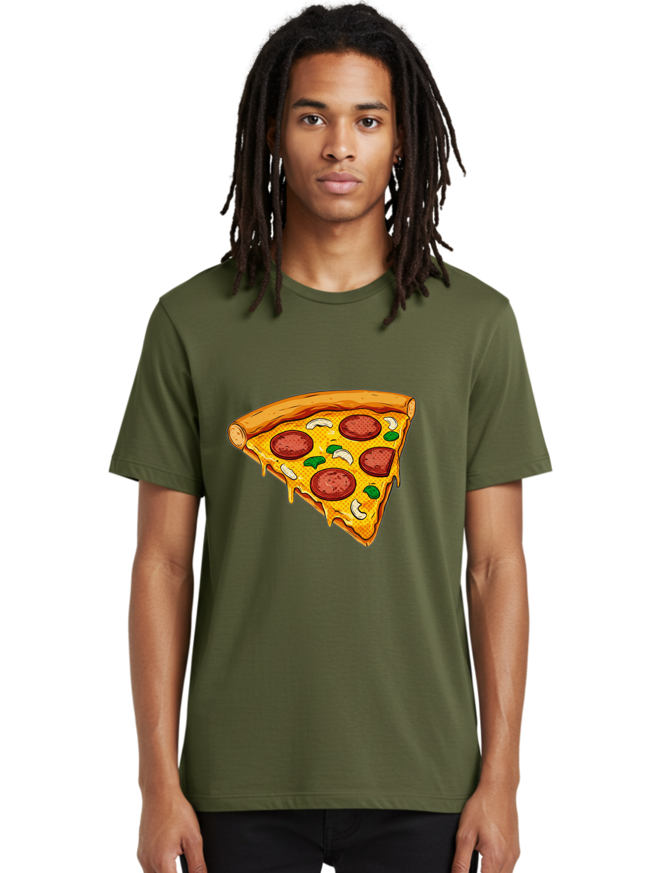 Pizza-Slice-28 Men'S Graphic Tee, 100% Cotton, Comfortable Casual Summer Wear, Machine Washable, Pepperoni Pizza, Melted Cheese, Green Peppers, Cashew Nuts, Italian Food, Cartoon Style, Food Illustration, Tasty Pizza, Savory Toppings, Bac289