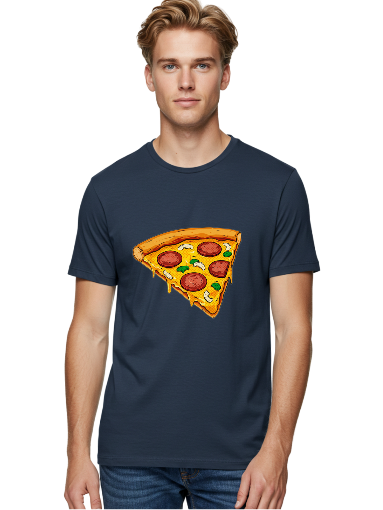 Pizza-Slice-28 Men'S Graphic Tee, 100% Cotton, Comfortable Casual Summer Wear, Machine Washable, Pepperoni Pizza, Melted Cheese, Green Peppers, Cashew Nuts, Italian Food, Cartoon Style, Food Illustration, Tasty Pizza, Savory Toppings, Bac289