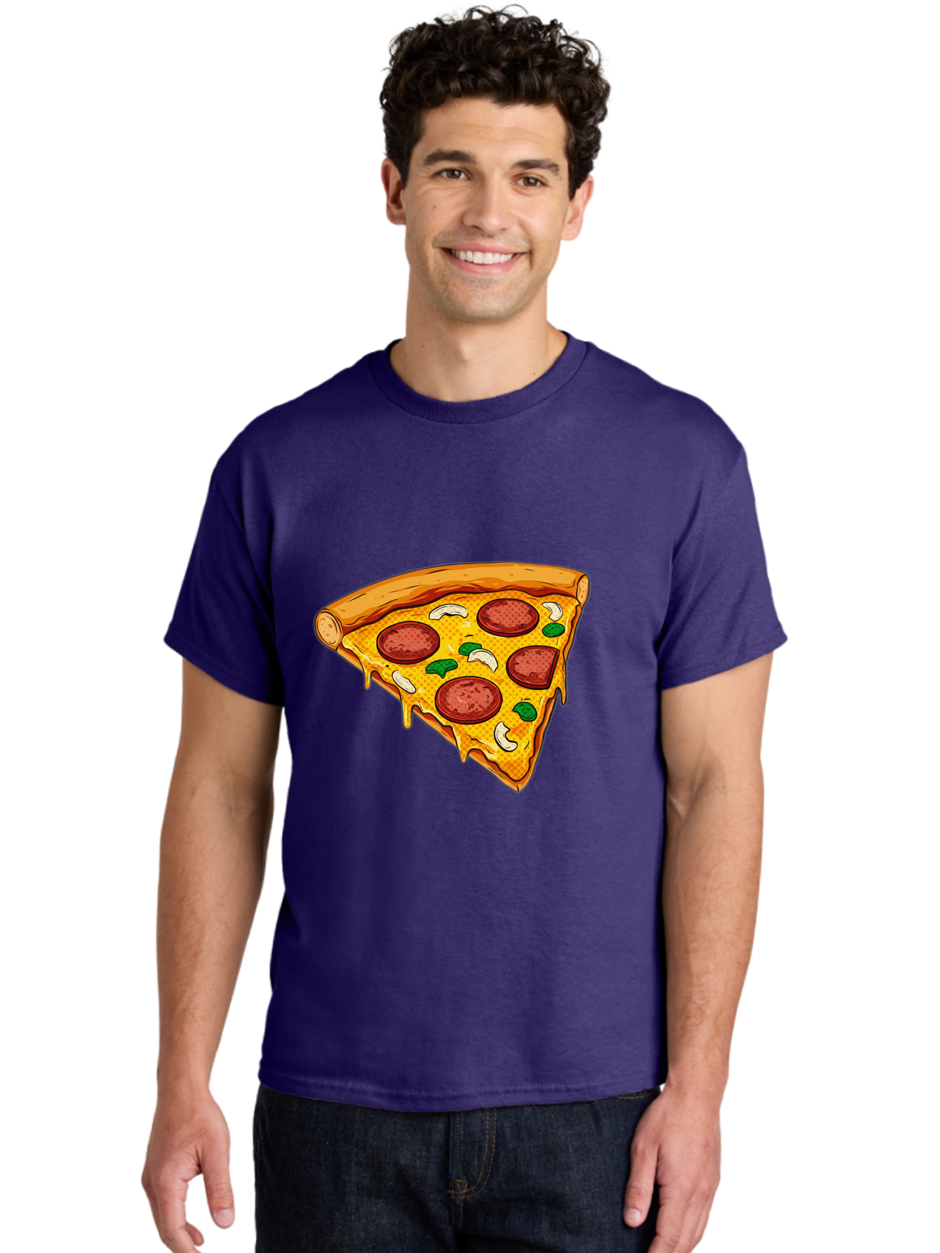 Pizza-Slice-28 Men'S Graphic Tee, 100% Cotton, Comfortable Casual Summer Wear, Machine Washable, Pepperoni Pizza, Melted Cheese, Green Peppers, Cashew Nuts, Italian Food, Cartoon Style, Food Illustration, Tasty Pizza, Savory Toppings, Bac289