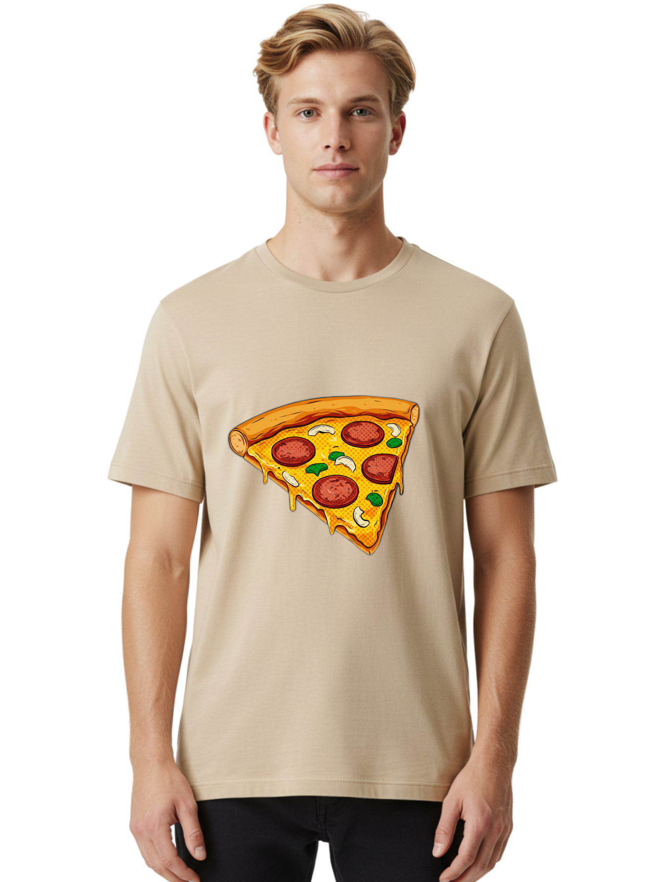 Pizza-Slice-28 Men'S Graphic Tee, 100% Cotton, Comfortable Casual Summer Wear, Machine Washable, Pepperoni Pizza, Melted Cheese, Green Peppers, Cashew Nuts, Italian Food, Cartoon Style, Food Illustration, Tasty Pizza, Savory Toppings, Bac289