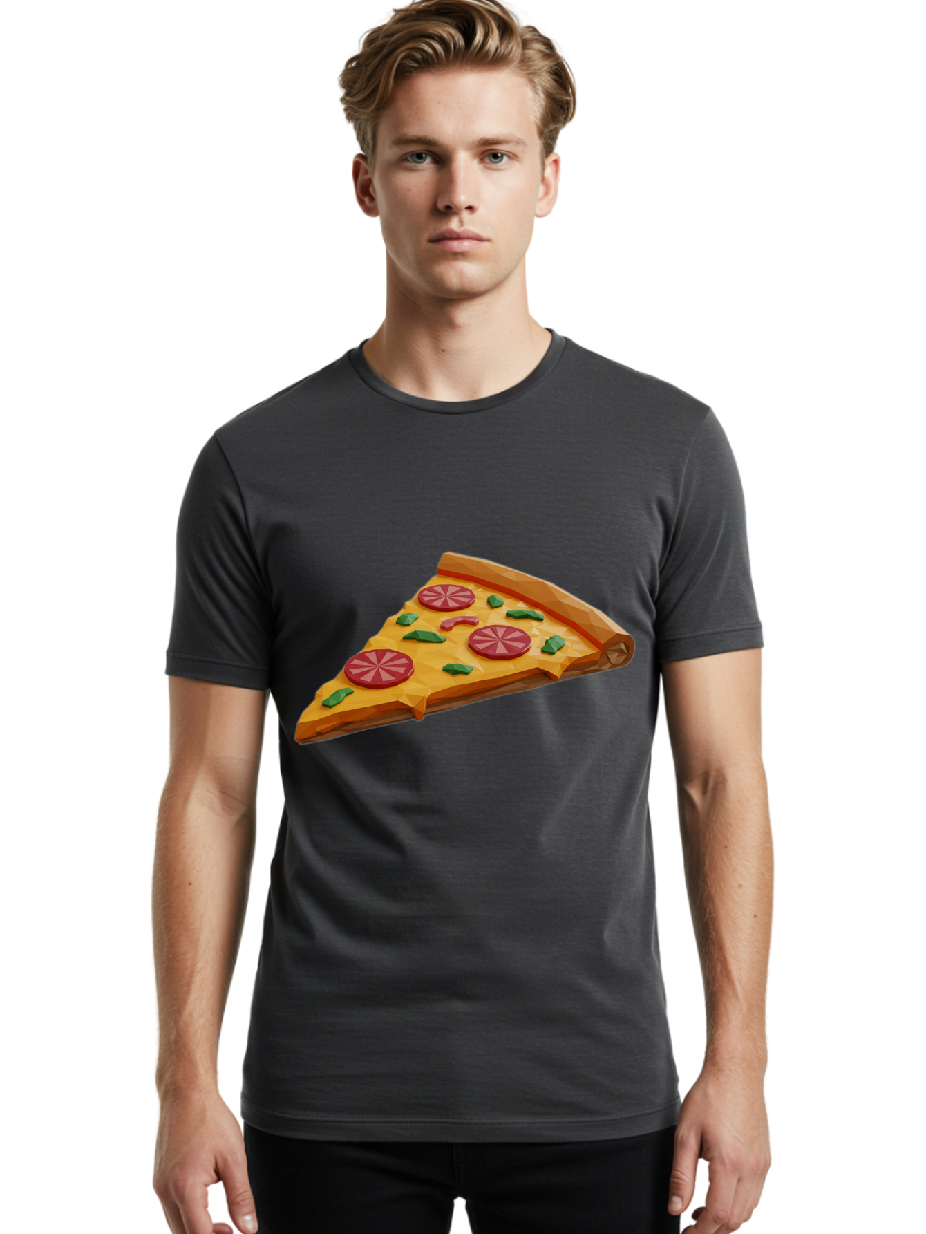 Pizza-Slice-3 Men'S Graphic Tee, 100% Cotton, Comfortable Casual Summer Wear, Machine Washable, Pizza Slice, Pepperoni, Basil Leaves, Italian Cuisine, Cheesy Goodness, Tasty Toppings, Food Graphics, Digital Illustration Bac291