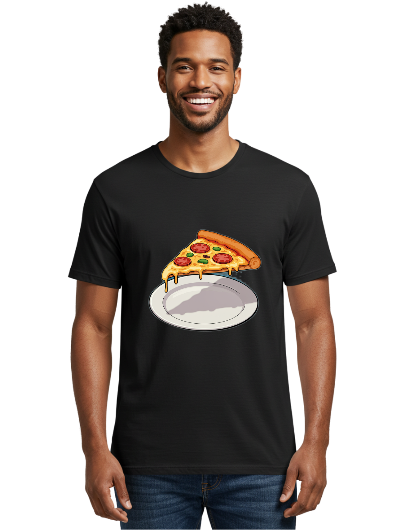 Pizza-Slice-30 Men'S Graphic Tee, 100% Cotton, Comfortable Casual Summer Wear, Machine Washable, Pizza Slice On A Plate, Gooey Cheese, Tomato Sauce, Basil Leaves, Italian Food, Delicious Meal, Appetizing Dish, Savory Flavors Bac292