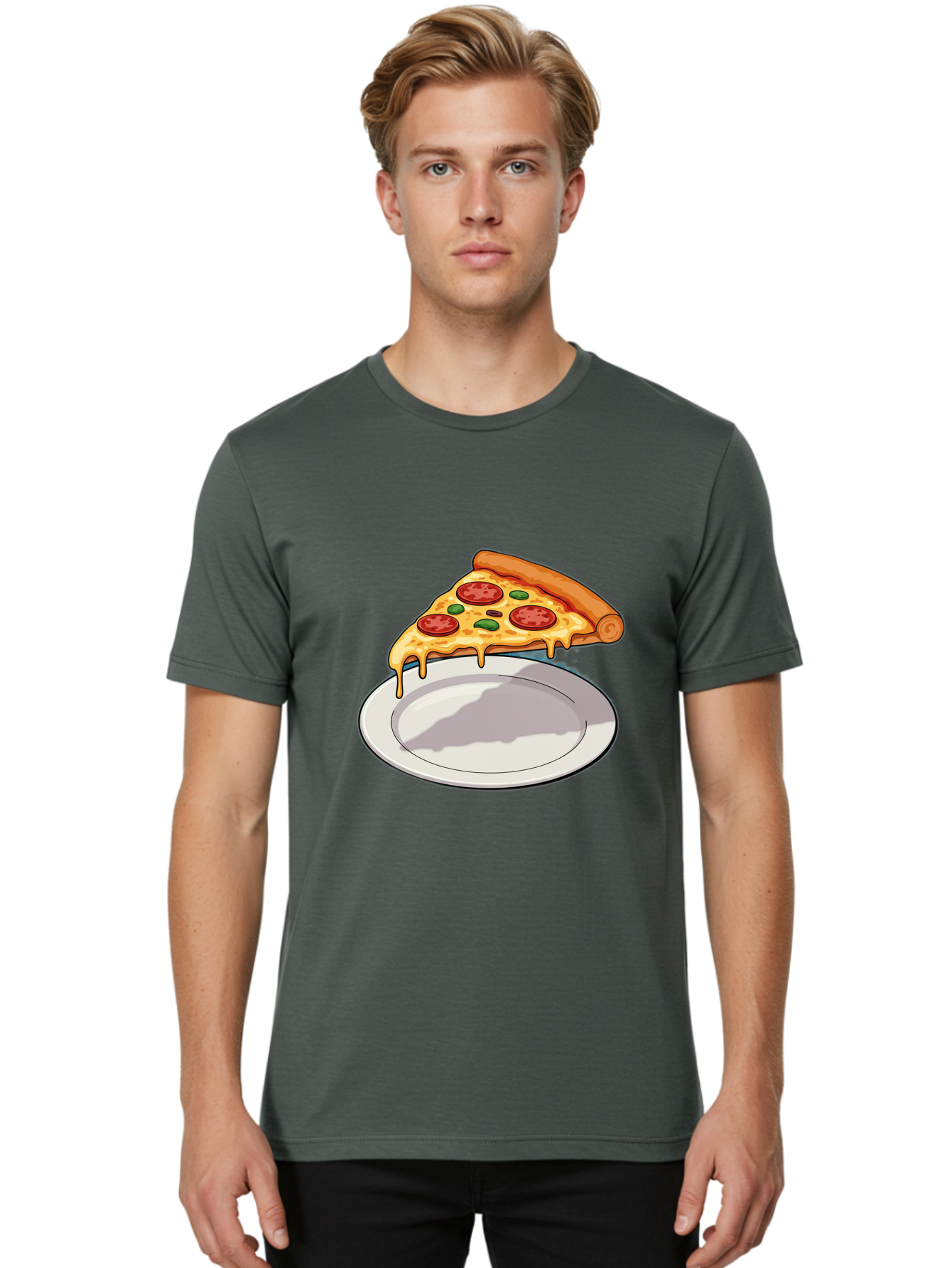 Pizza-Slice-30 Men'S Graphic Tee, 100% Cotton, Comfortable Casual Summer Wear, Machine Washable, Pizza Slice On A Plate, Gooey Cheese, Tomato Sauce, Basil Leaves, Italian Food, Delicious Meal, Appetizing Dish, Savory Flavors Bac292