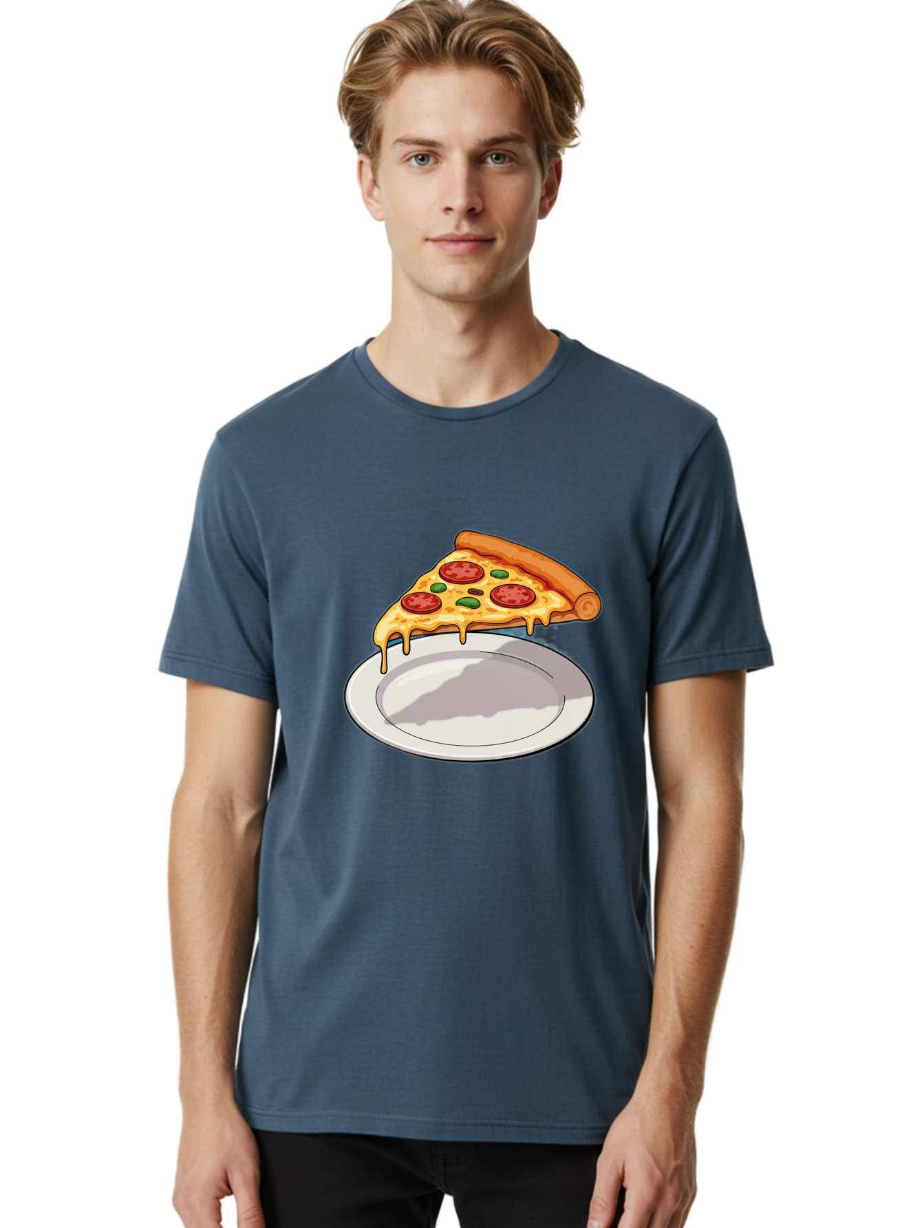 Pizza-Slice-30 Men'S Graphic Tee, 100% Cotton, Comfortable Casual Summer Wear, Machine Washable, Pizza Slice On A Plate, Gooey Cheese, Tomato Sauce, Basil Leaves, Italian Food, Delicious Meal, Appetizing Dish, Savory Flavors Bac292