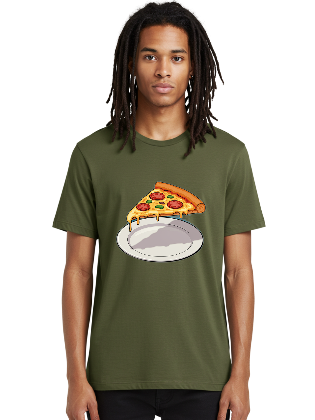 Pizza-Slice-30 Men'S Graphic Tee, 100% Cotton, Comfortable Casual Summer Wear, Machine Washable, Pizza Slice On A Plate, Gooey Cheese, Tomato Sauce, Basil Leaves, Italian Food, Delicious Meal, Appetizing Dish, Savory Flavors Bac292