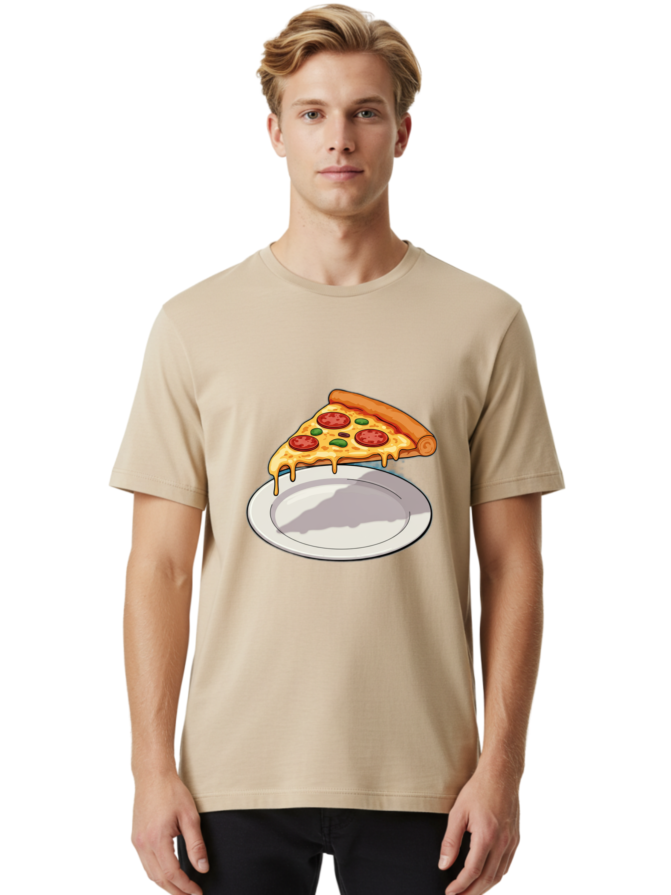 Pizza-Slice-30 Men'S Graphic Tee, 100% Cotton, Comfortable Casual Summer Wear, Machine Washable, Pizza Slice On A Plate, Gooey Cheese, Tomato Sauce, Basil Leaves, Italian Food, Delicious Meal, Appetizing Dish, Savory Flavors Bac292