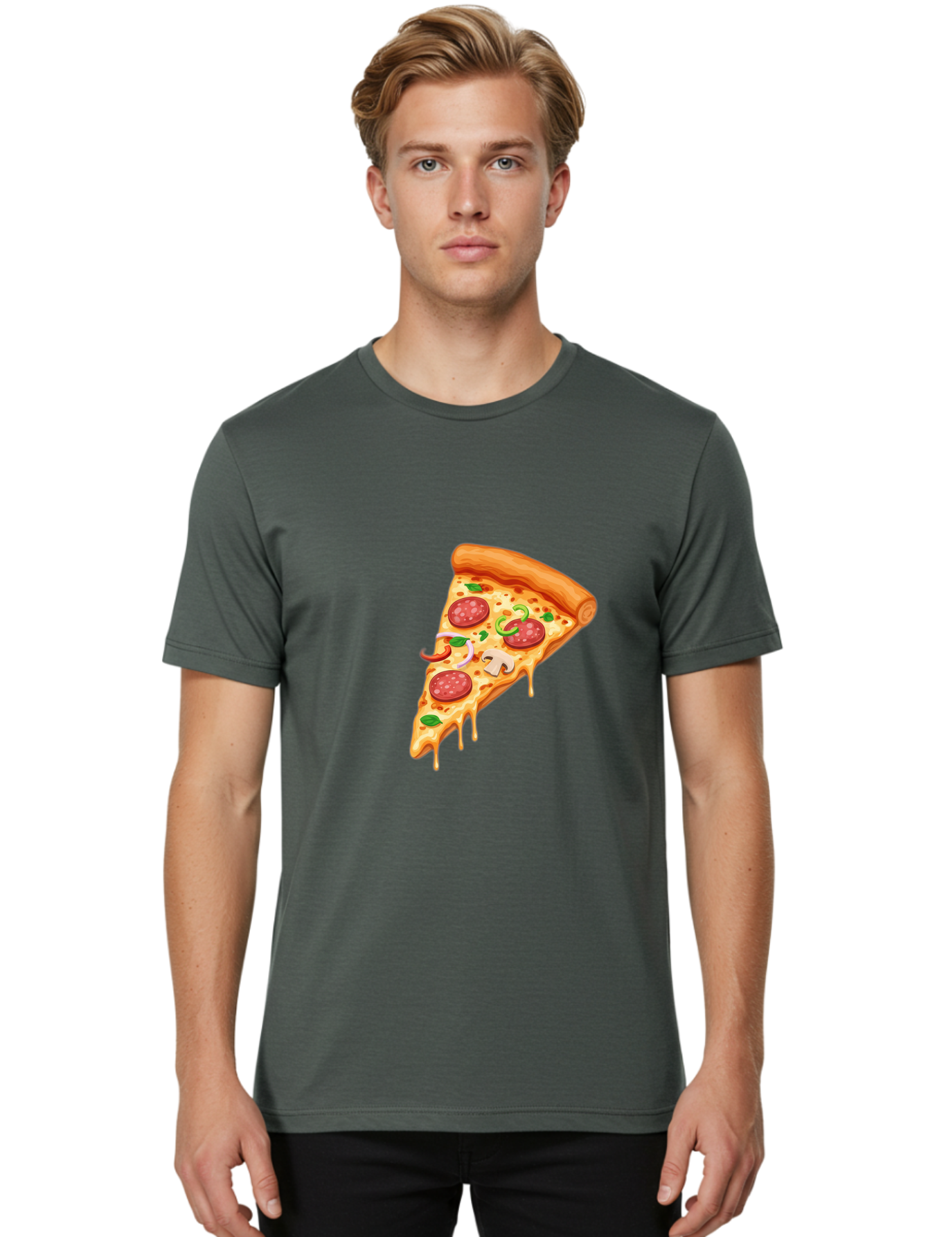 Pizza-Slice-31 Men'S Graphic Tee, 100% Cotton, Comfortable Casual Summer Wear, Machine Washable, Pepperoni Pizza Slice, Melted Cheese, Pepperoni Slices, Mushroom, Green Peppers, Italian Cuisine, Food Illustration, Cartoon Style Bac293