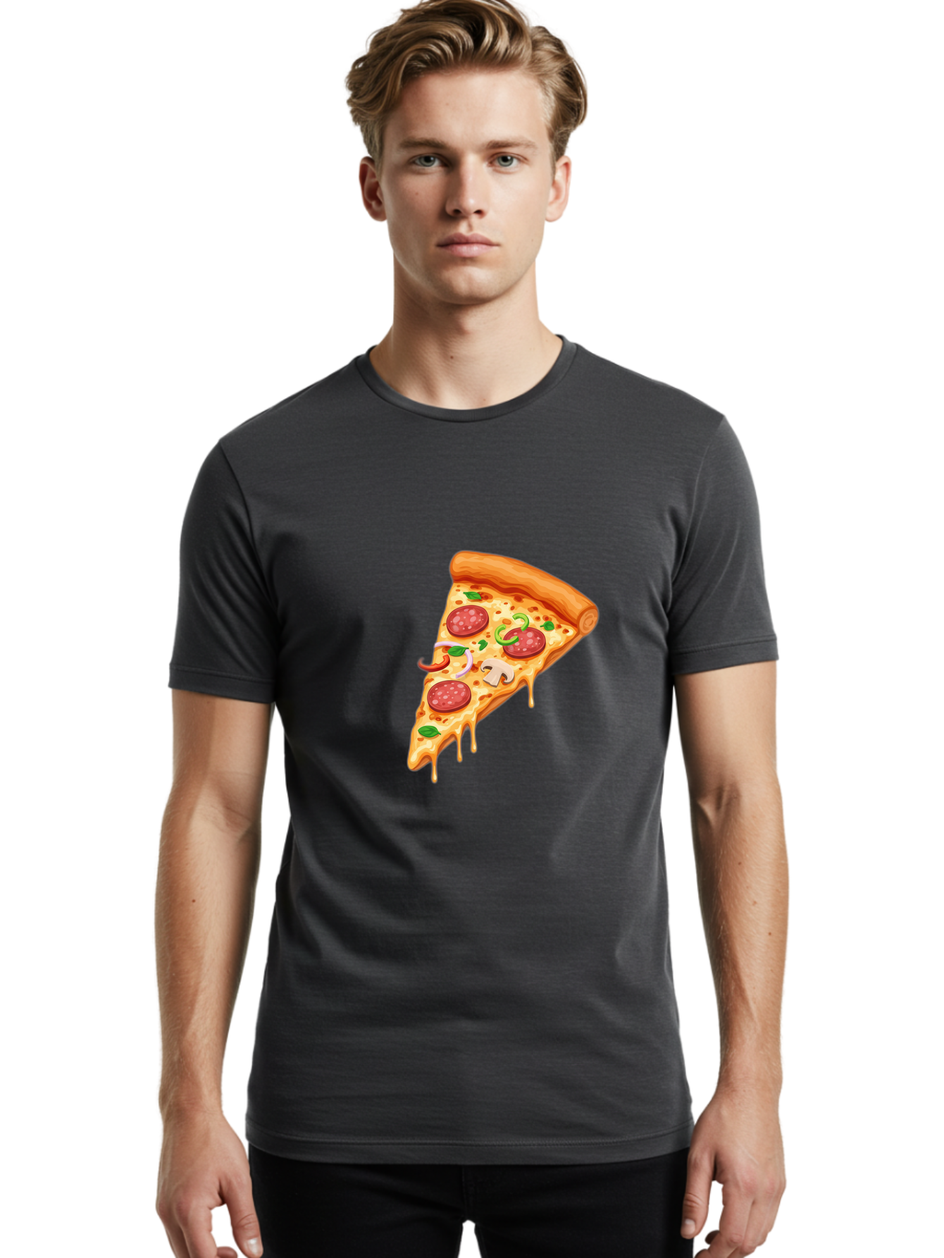 Pizza-Slice-31 Men'S Graphic Tee, 100% Cotton, Comfortable Casual Summer Wear, Machine Washable, Pepperoni Pizza Slice, Melted Cheese, Pepperoni Slices, Mushroom, Green Peppers, Italian Cuisine, Food Illustration, Cartoon Style Bac293
