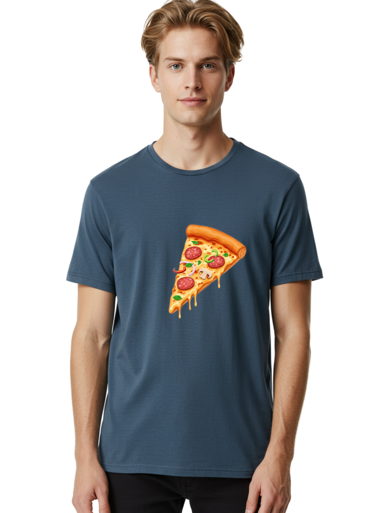 Pizza-Slice-31 Men'S Graphic Tee, 100% Cotton, Comfortable Casual Summer Wear, Machine Washable, Pepperoni Pizza Slice, Melted Cheese, Pepperoni Slices, Mushroom, Green Peppers, Italian Cuisine, Food Illustration, Cartoon Style Bac293