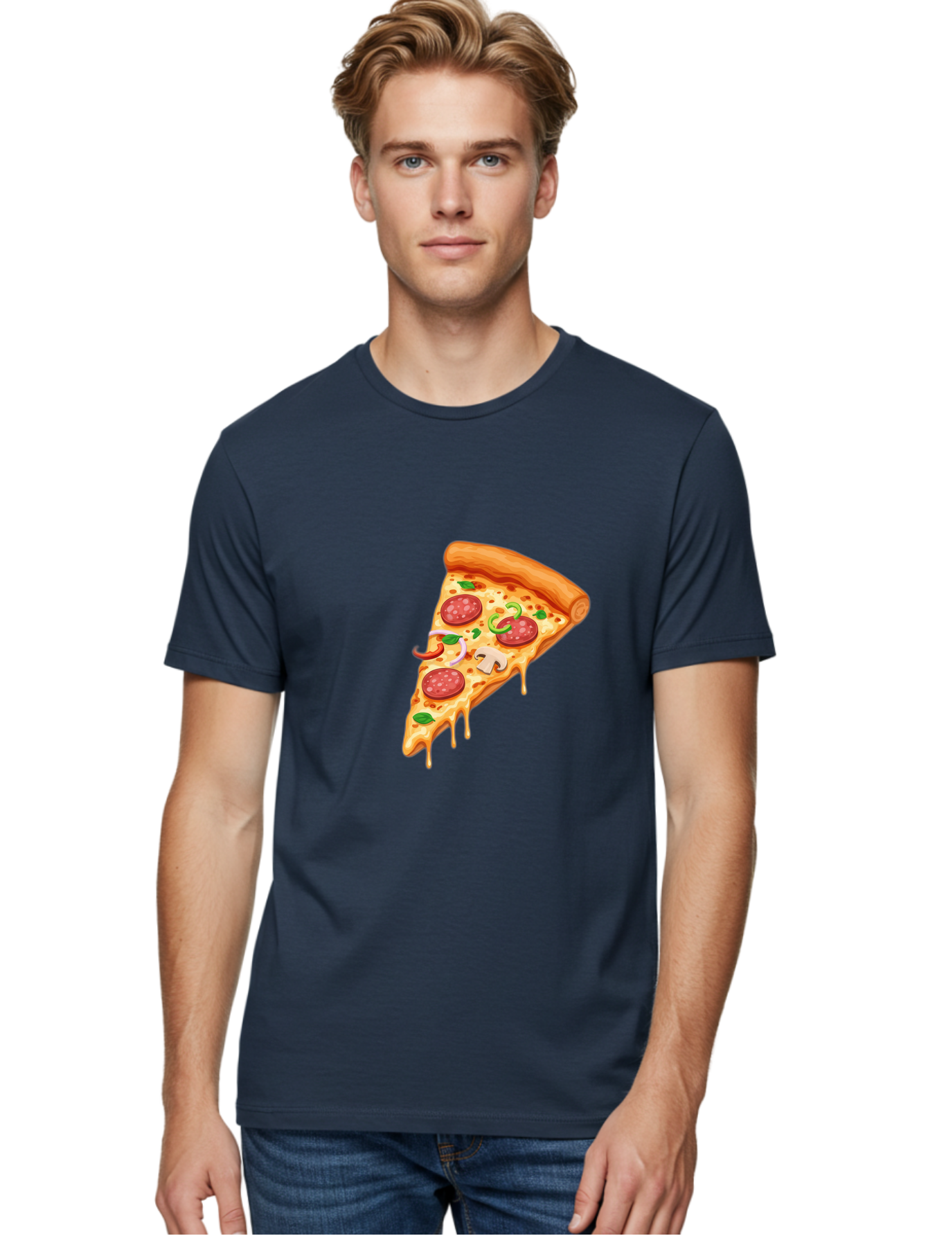 Pizza-Slice-31 Men'S Graphic Tee, 100% Cotton, Comfortable Casual Summer Wear, Machine Washable, Pepperoni Pizza Slice, Melted Cheese, Pepperoni Slices, Mushroom, Green Peppers, Italian Cuisine, Food Illustration, Cartoon Style Bac293