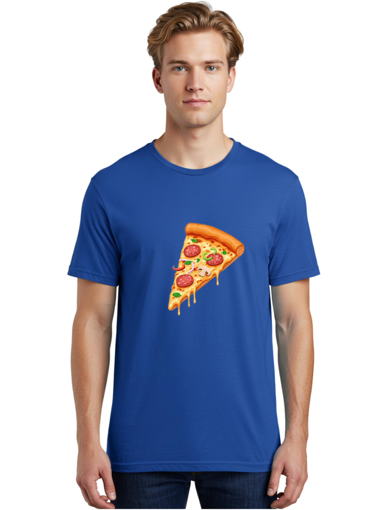 Pizza-Slice-31 Men'S Graphic Tee, 100% Cotton, Comfortable Casual Summer Wear, Machine Washable, Pepperoni Pizza Slice, Melted Cheese, Pepperoni Slices, Mushroom, Green Peppers, Italian Cuisine, Food Illustration, Cartoon Style Bac293