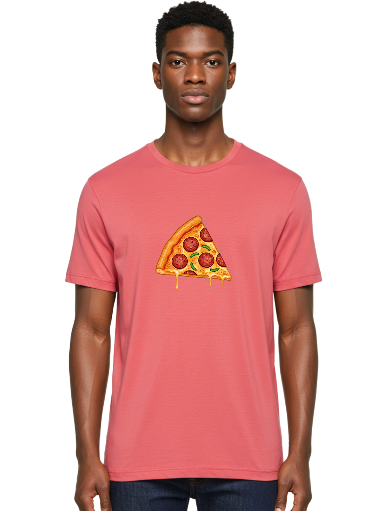 Pizza-Slice-32 Men'S Graphic Tee, 100% Cotton, Comfortable Casual Summer Wear, Machine Washable, Pepperoni Pizza Slice, Cheesy Goodness, Melted Cheese, Pepperoni Toppings, Jalapeno Slices, Italian Cuisine, Delicious Food, Savory Flavors, Bac294
