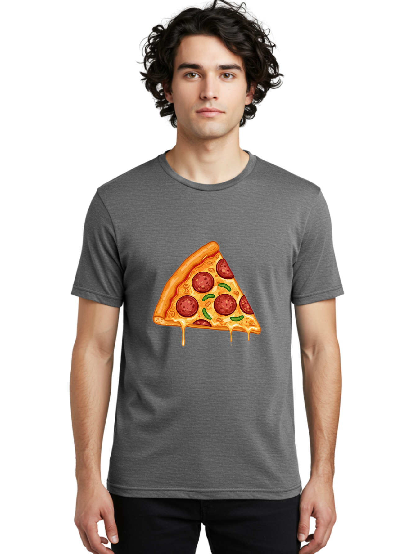Pizza-Slice-32 Men'S Graphic Tee, 100% Cotton, Comfortable Casual Summer Wear, Machine Washable, Pepperoni Pizza Slice, Cheesy Goodness, Melted Cheese, Pepperoni Toppings, Jalapeno Slices, Italian Cuisine, Delicious Food, Savory Flavors, Bac294