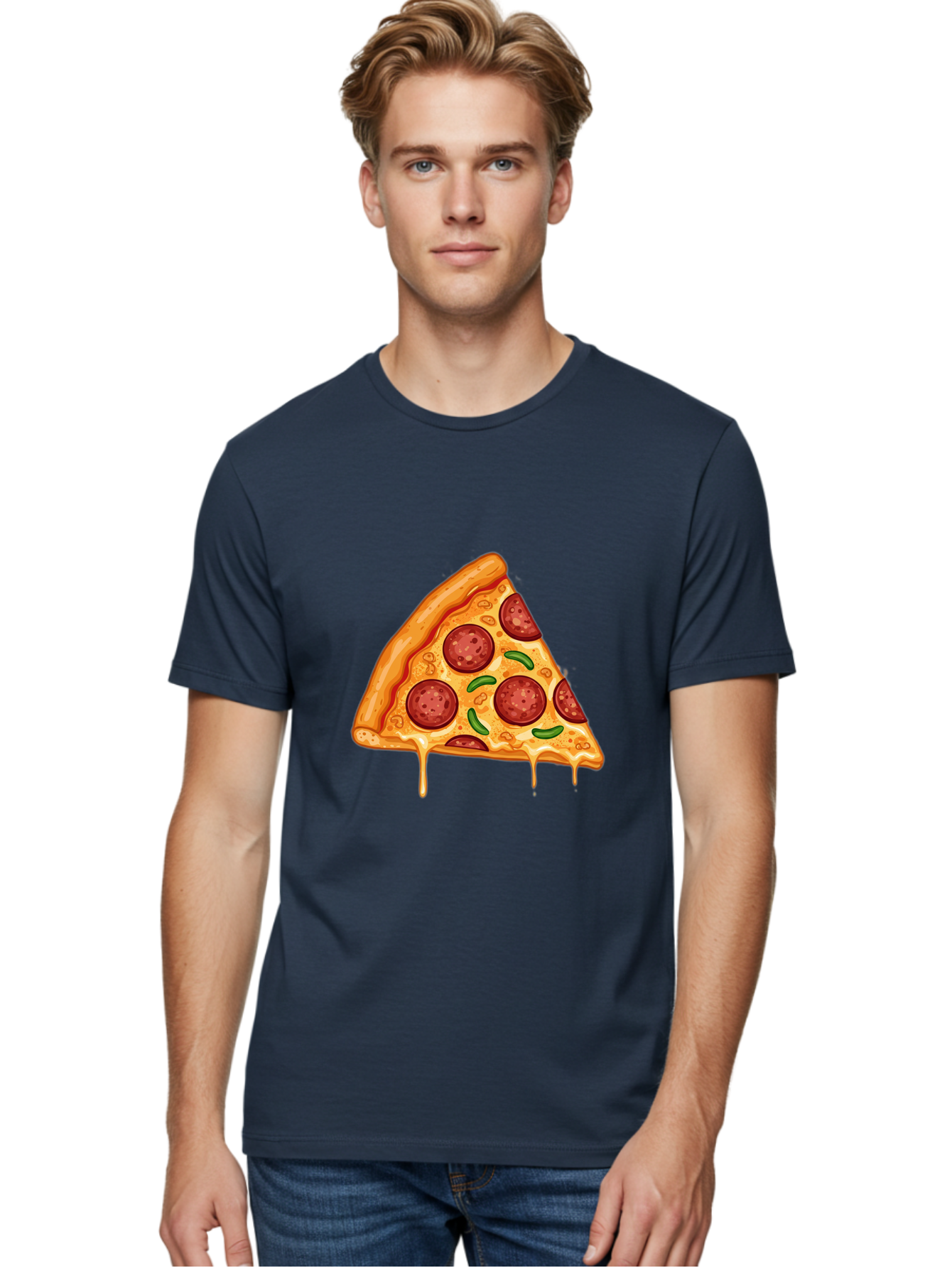 Pizza-Slice-32 Men'S Graphic Tee, 100% Cotton, Comfortable Casual Summer Wear, Machine Washable, Pepperoni Pizza Slice, Cheesy Goodness, Melted Cheese, Pepperoni Toppings, Jalapeno Slices, Italian Cuisine, Delicious Food, Savory Flavors, Bac294