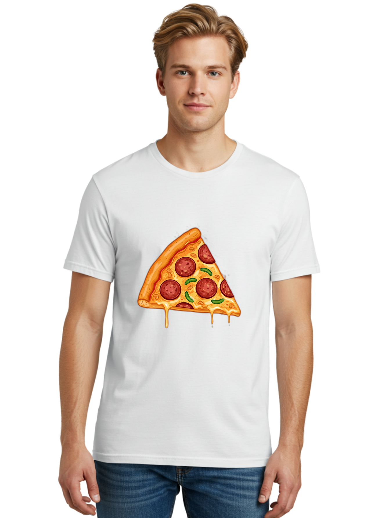 Pizza-Slice-32 Men'S Graphic Tee, 100% Cotton, Comfortable Casual Summer Wear, Machine Washable, Pepperoni Pizza Slice, Cheesy Goodness, Melted Cheese, Pepperoni Toppings, Jalapeno Slices, Italian Cuisine, Delicious Food, Savory Flavors, Bac294
