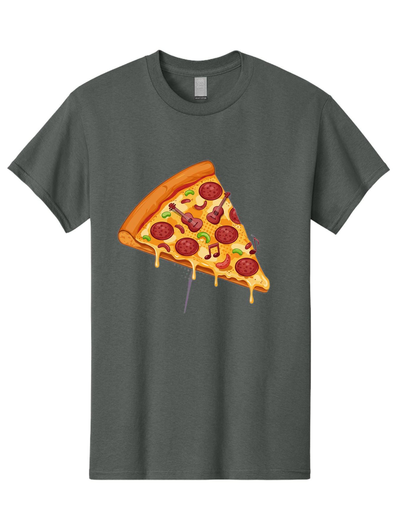 Pizza-Slice-33 Men'S Graphic Tee, 100% Cotton, Comfortable Casual Summer Wear, Machine Washable, Pizza Slice, Pepperoni Pizza, Cheese Pizza, Guitar Toppings, Music Notes, Cartoon Style, Playful Food, Whimsical Design, Cheesy Goodness, Bac295
